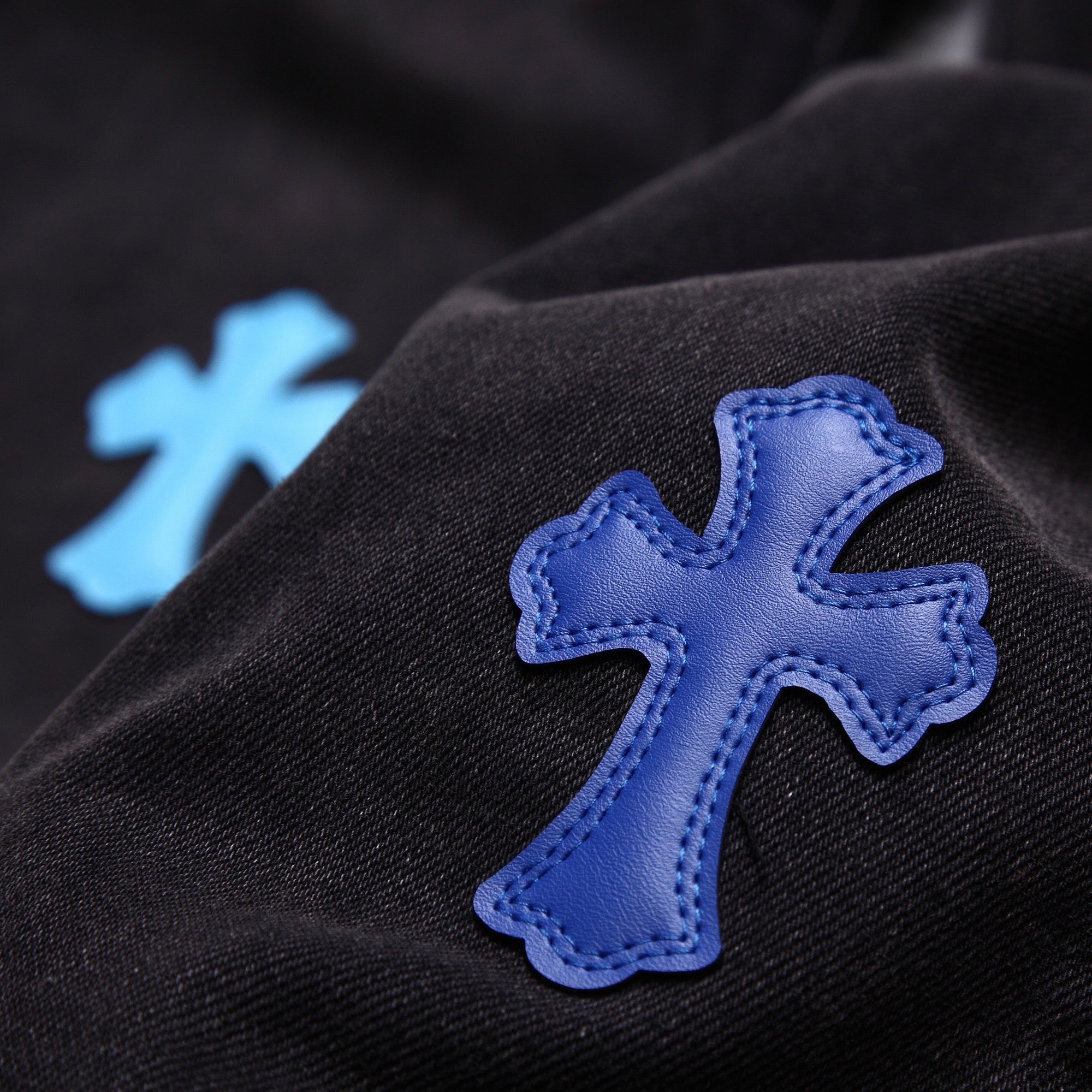 Chrome Hearts Blue Cross Leather Patchwork Black Jeans