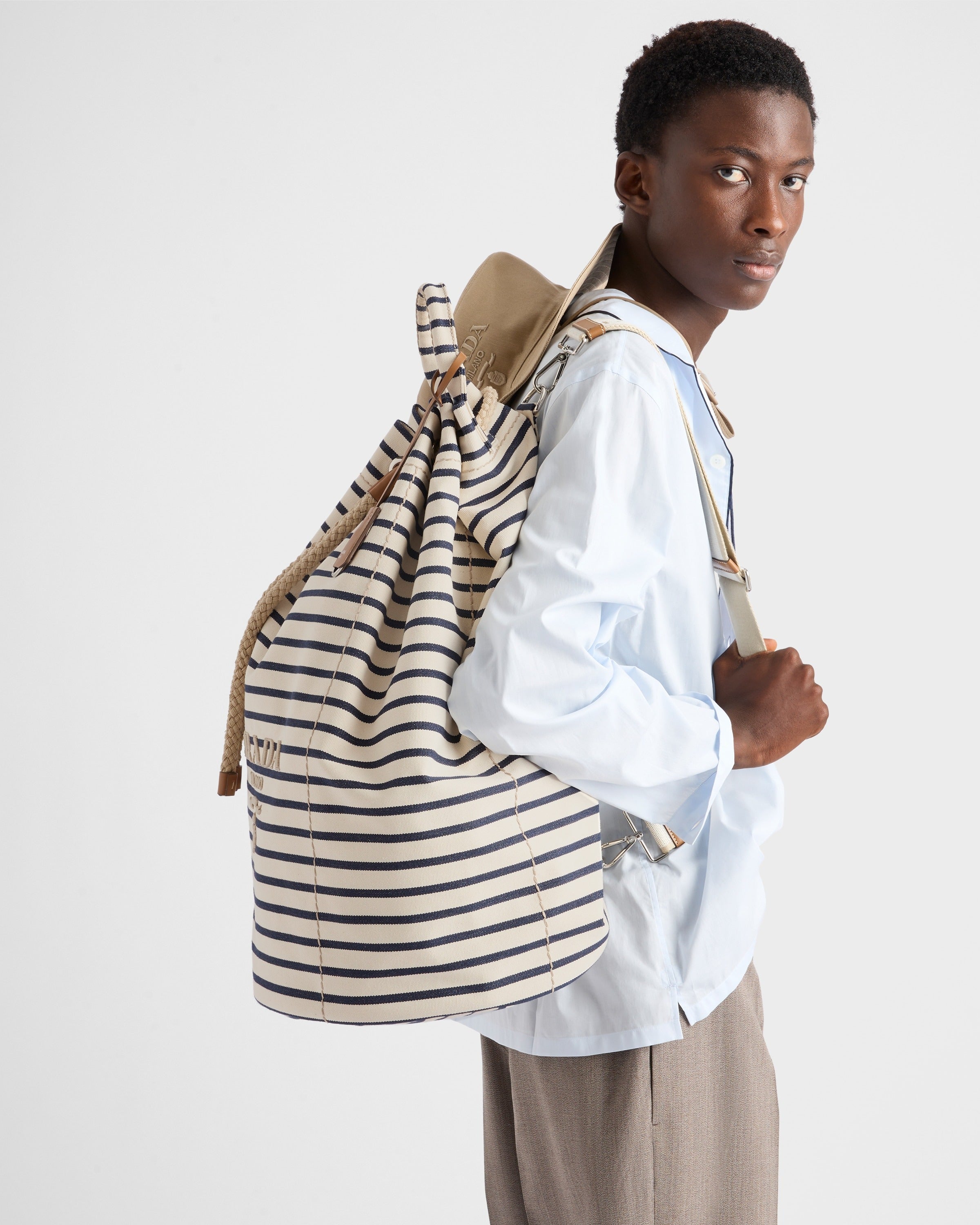 Striped canvas drawstring duffel bag Ivory/Blue