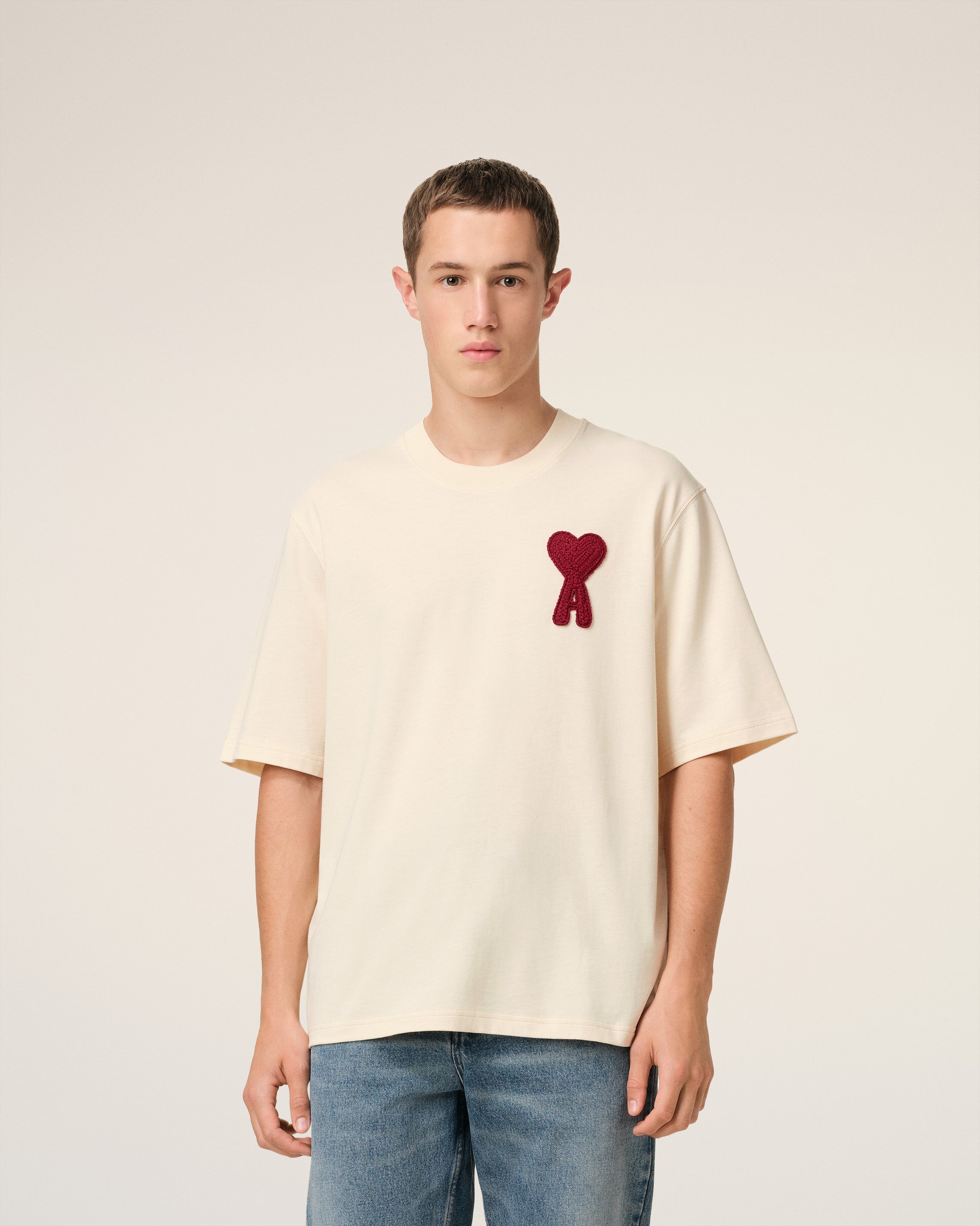 BEIGE COTTON AMI DE COEUR PATCH T-SHIRT WHITE CREAM