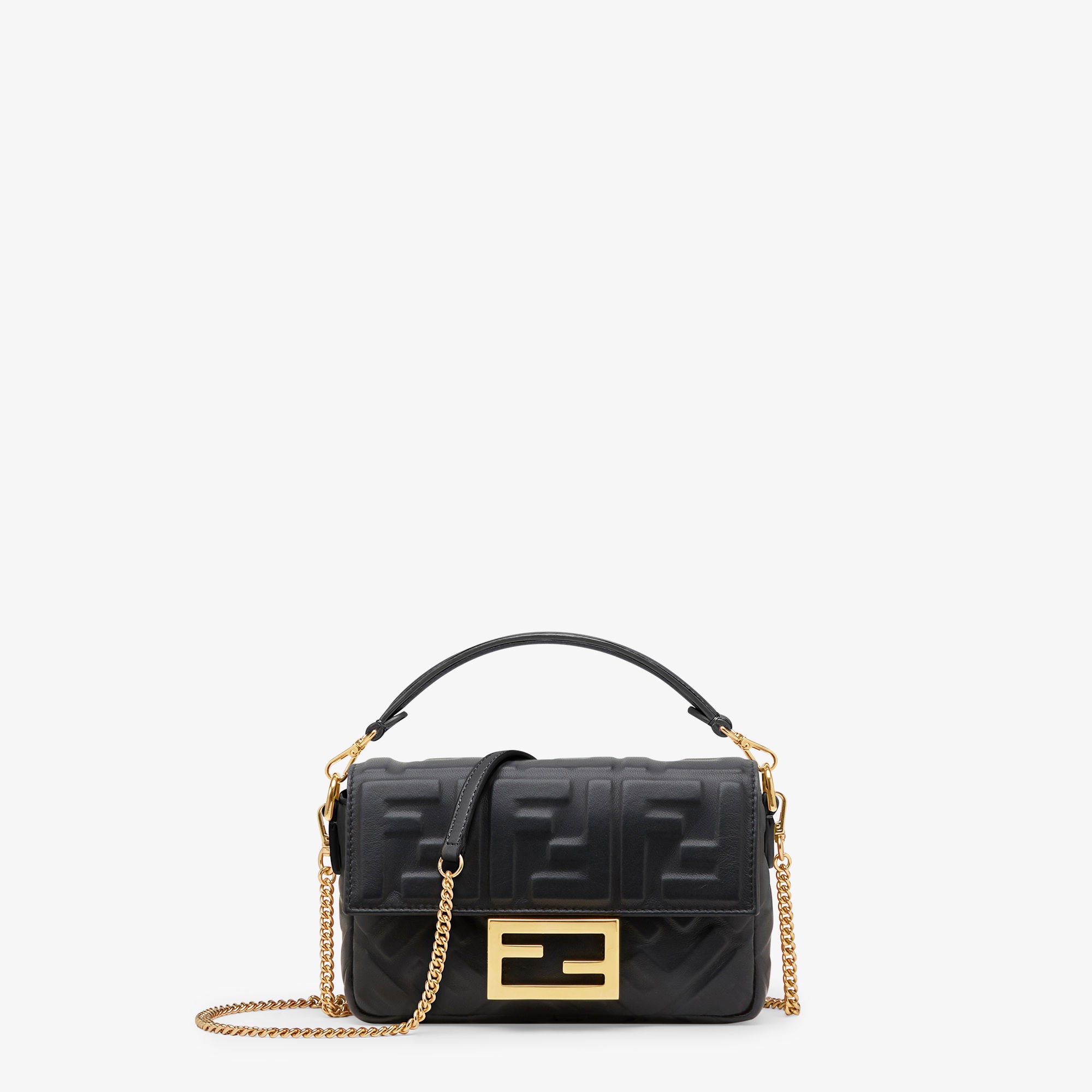 Baguette Mini Black nappa leather bag with FF motif