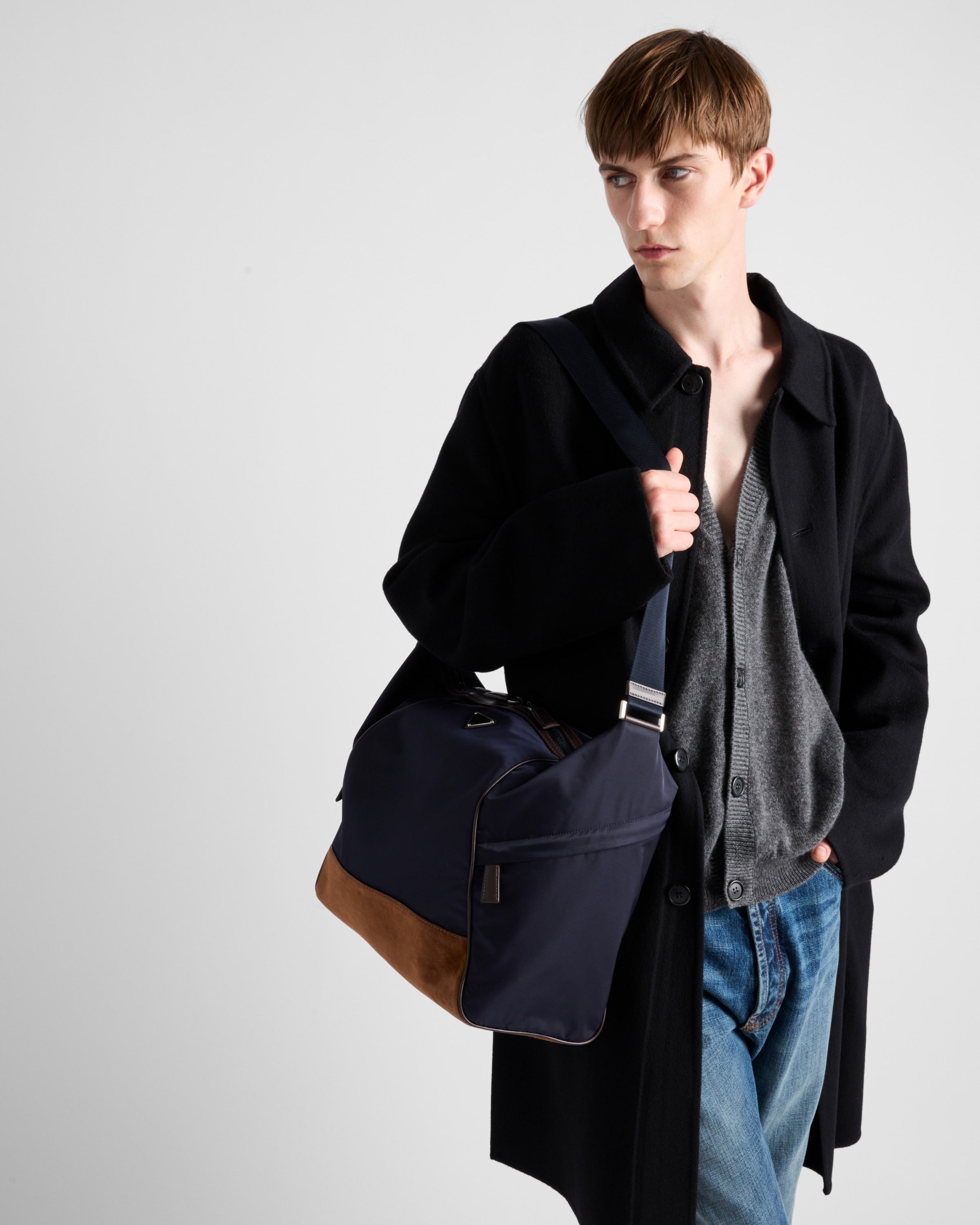 Re-Nylon and leather shoulder bag Blue/Coffee