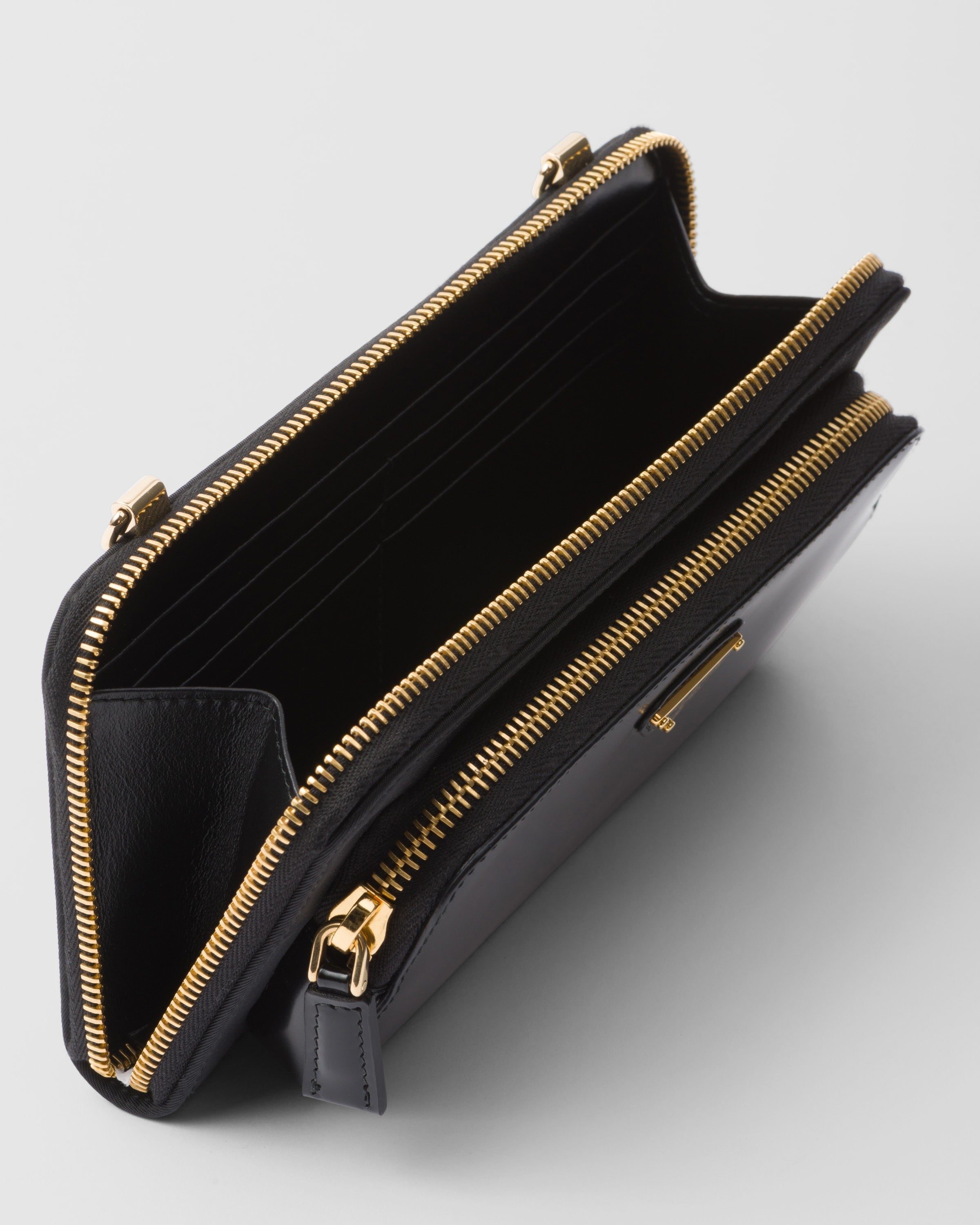 Re-Nylon and brushed leather wallet with shoulder strap Black