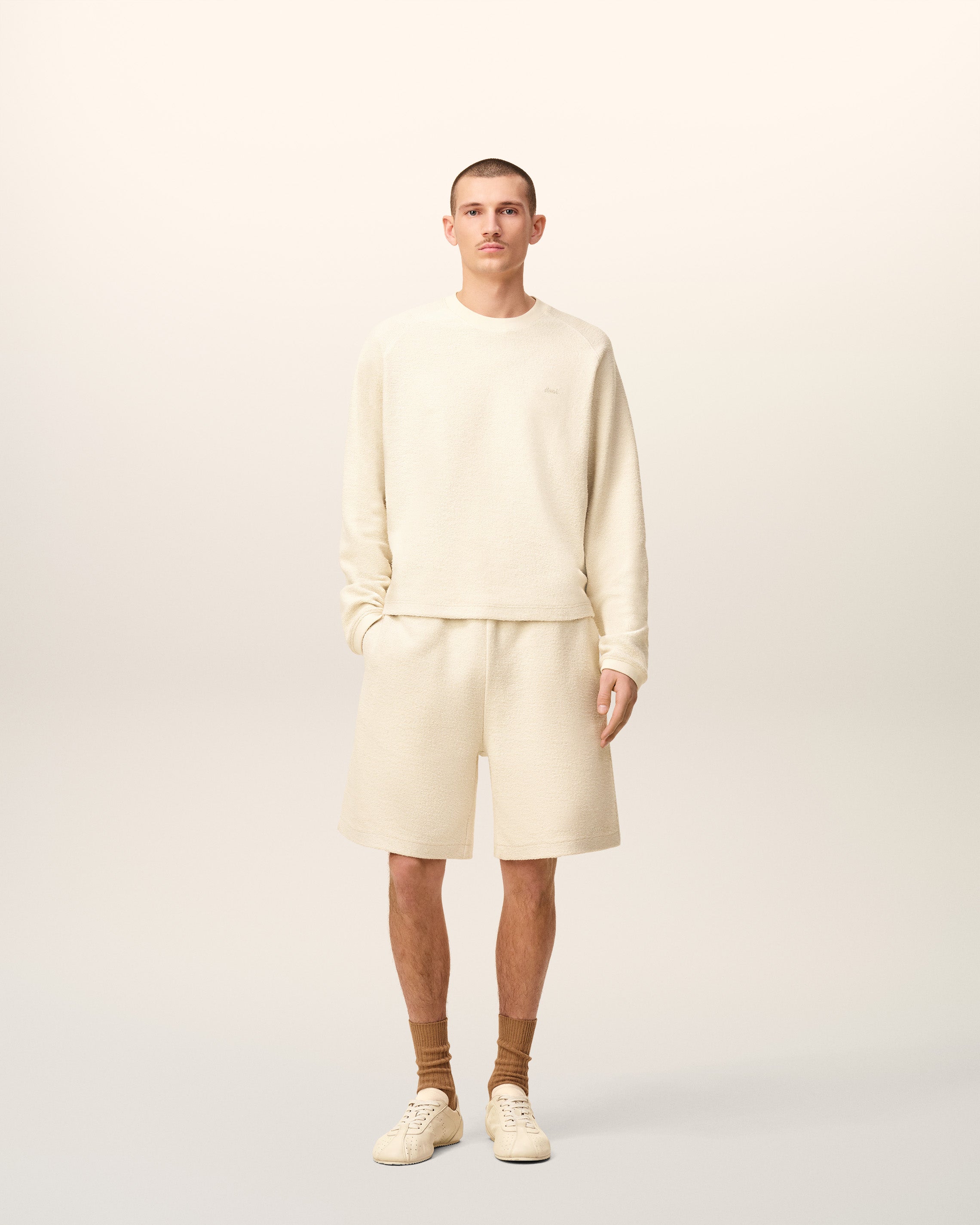 White Leather Raglan Sleeved Crewneck Sweatshirt IVORY