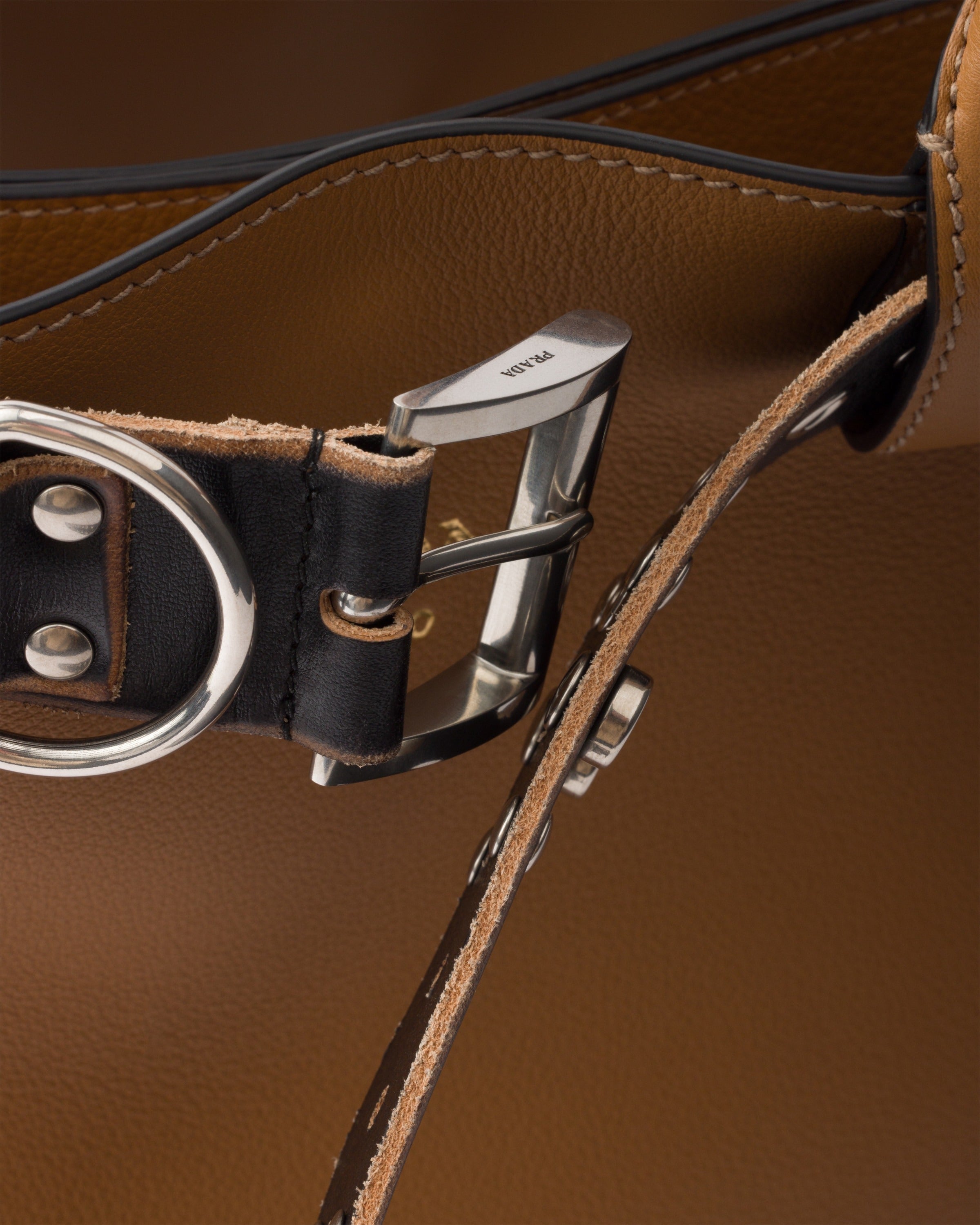 Large Prada Buckle leather bag with studded belt Caramel/Black