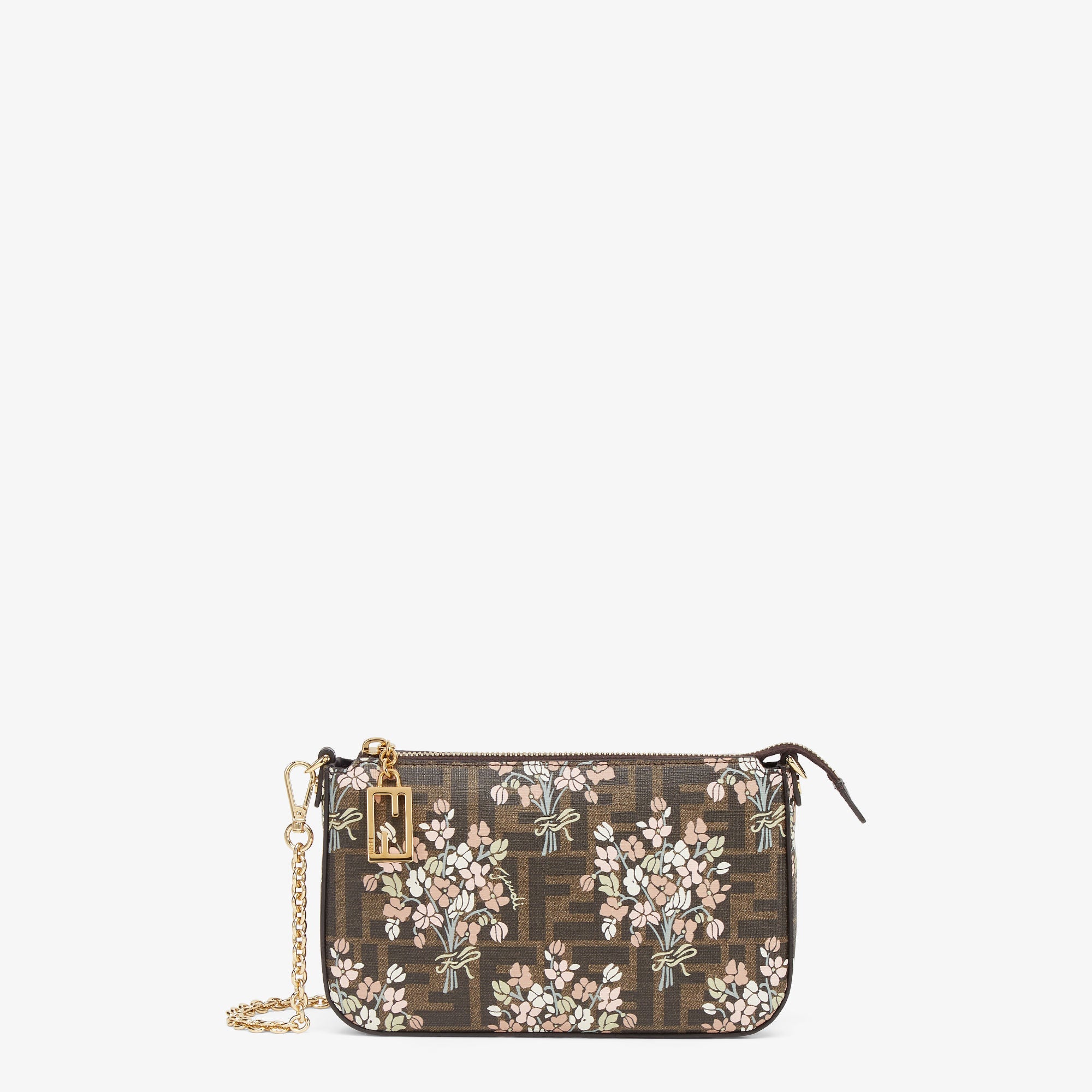 Baguette Pouch Fendi Flower Bouquet brown FF fabric pouch with chain