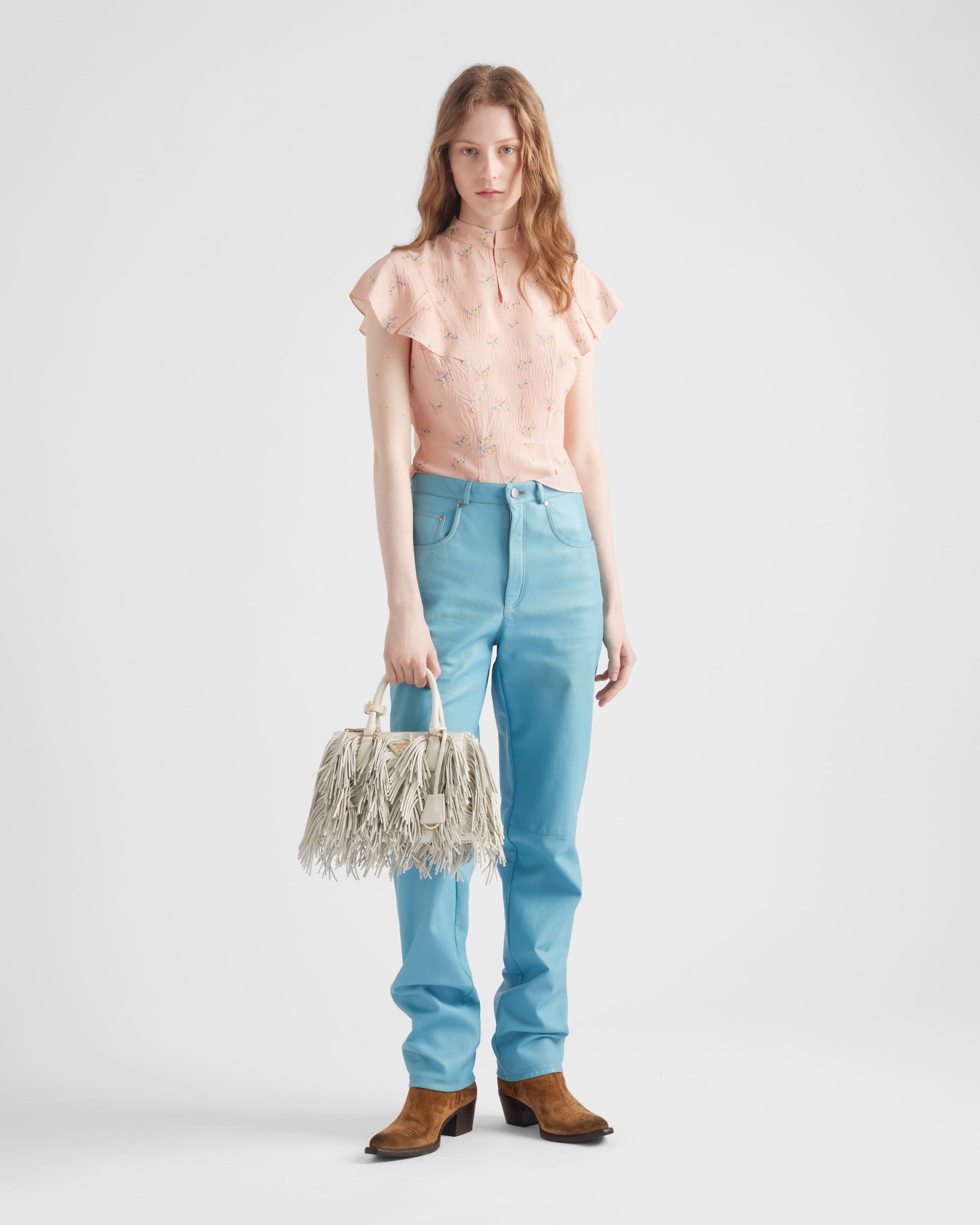 Prada Galleria small leather bag with fringe White