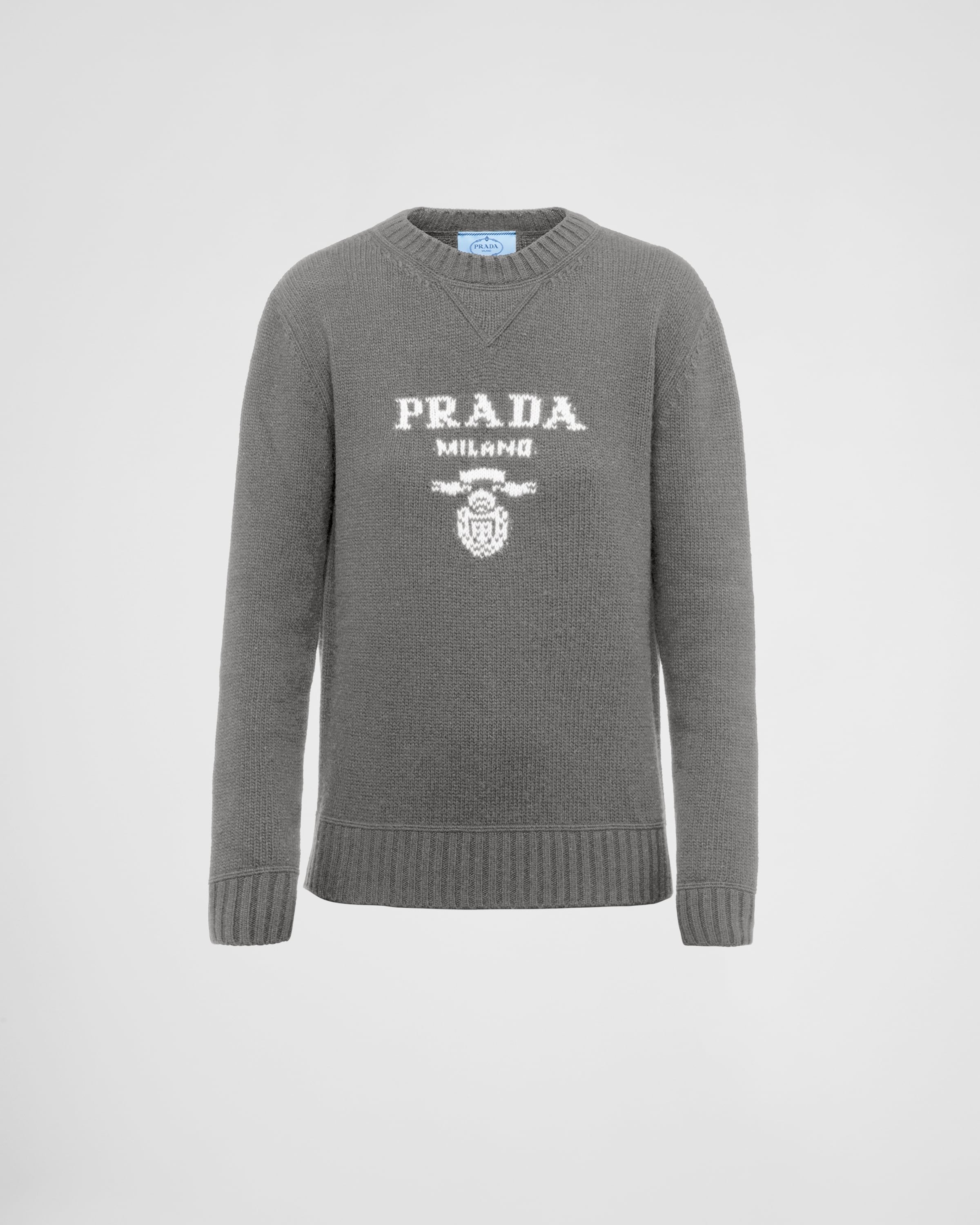 Cashmere and wool Prada logo crew-neck sweater Grey