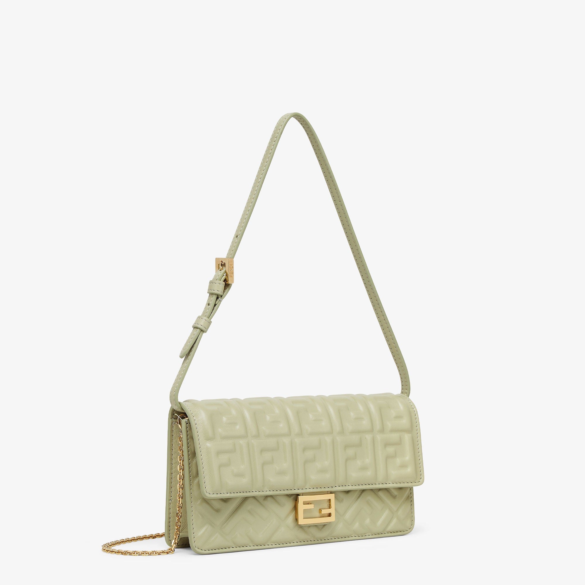Wallet On Chain Baguette Sage green nappa leather wallet with FF motif