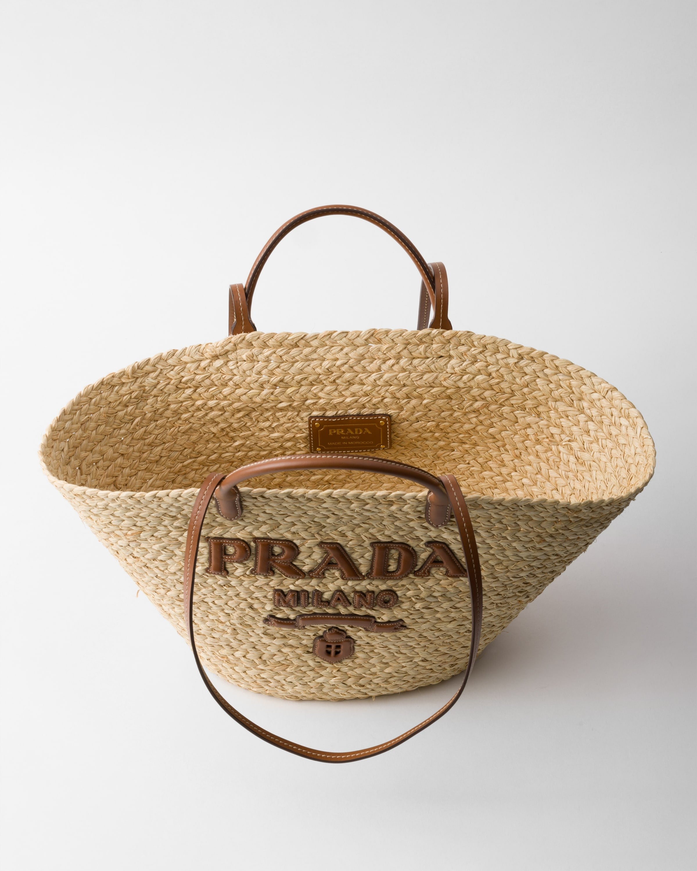 Large raffia and leather shopping bag Beige/Cognac