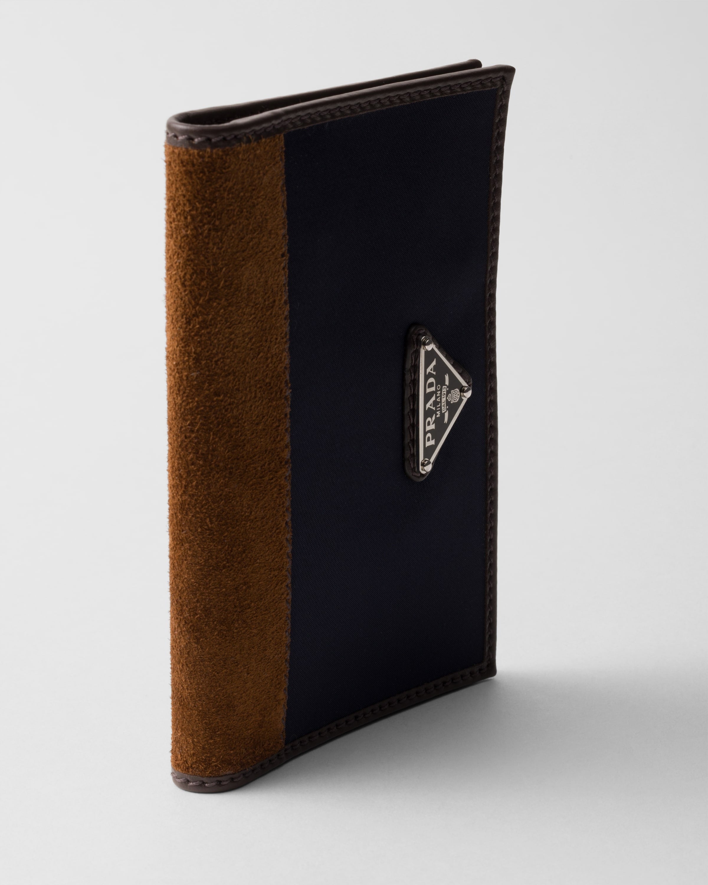 Re-Nylon and leather passport holder Blue/Coffee
