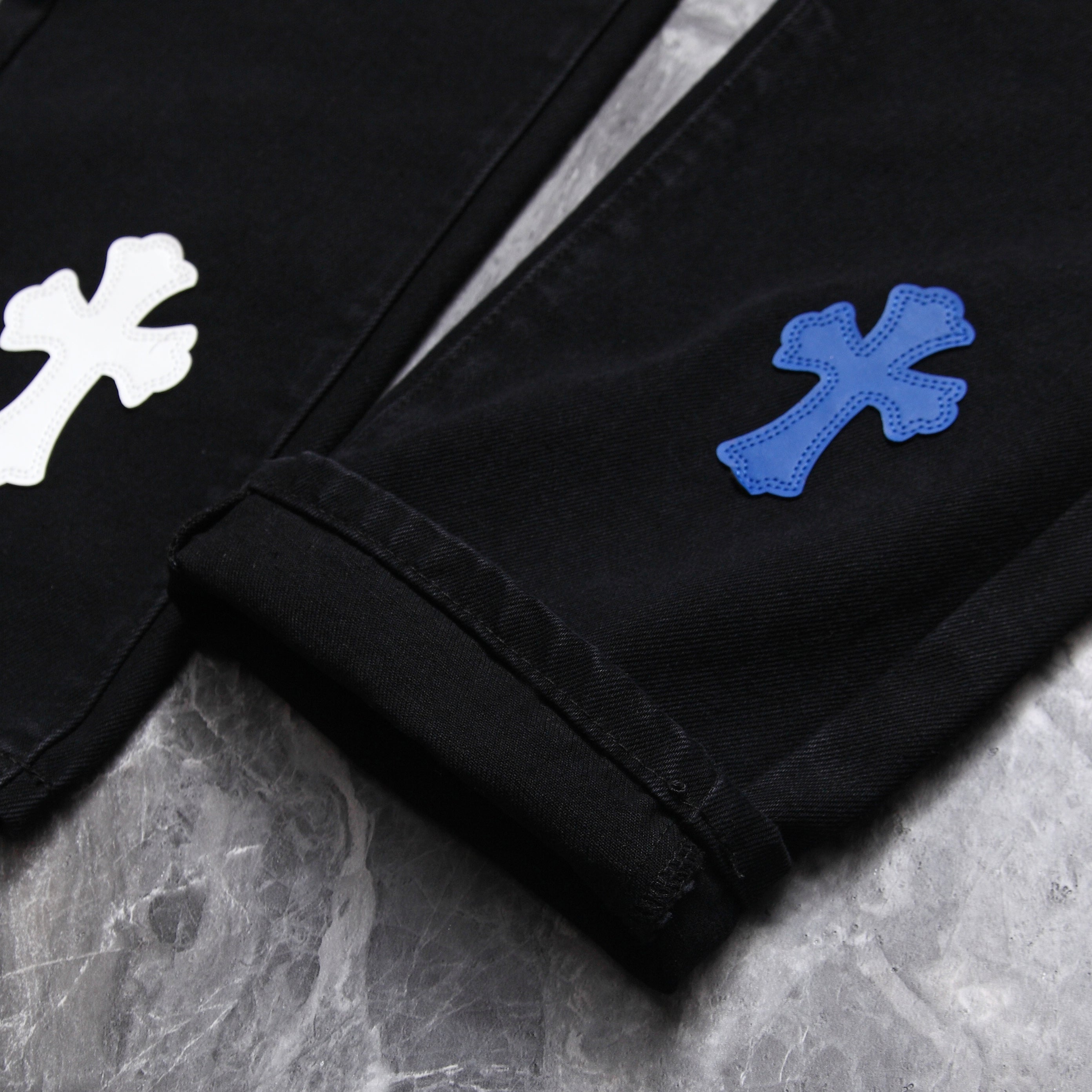 Chrome Hearts Los Angels Limted Edition Blue White Cross Leather Patchwork Black Jeans