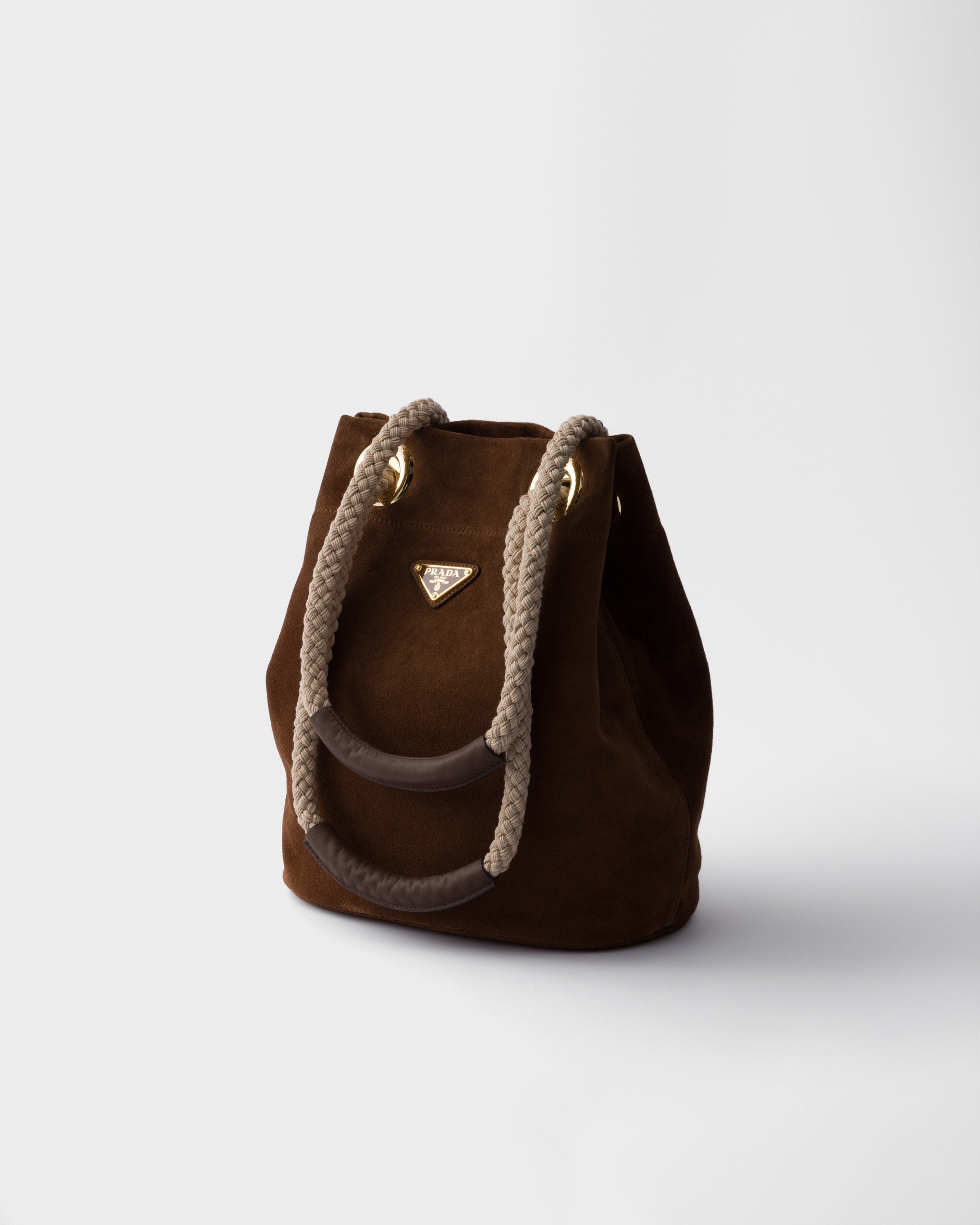 Small Prada Mariner suede bucket bag Cocoa Brown