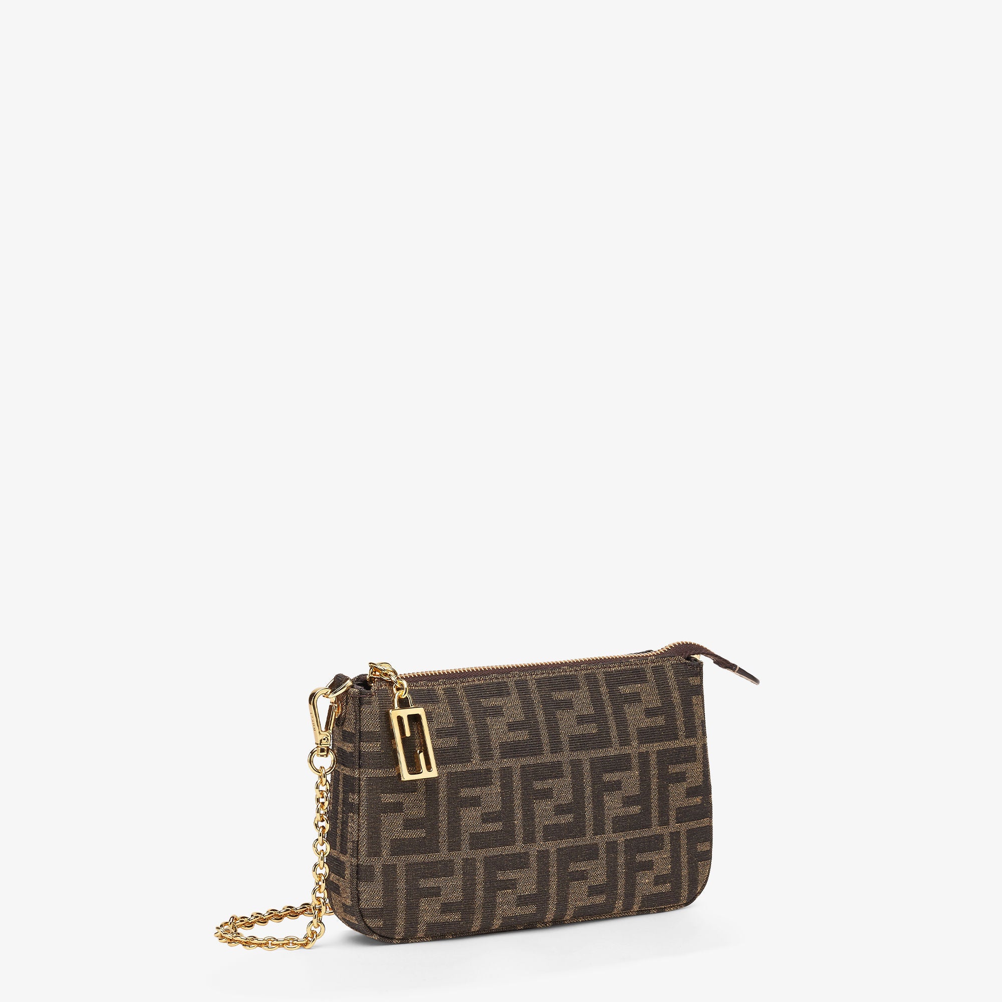 Baguette Pouch Brown jacquard FF fabric clutch with chain