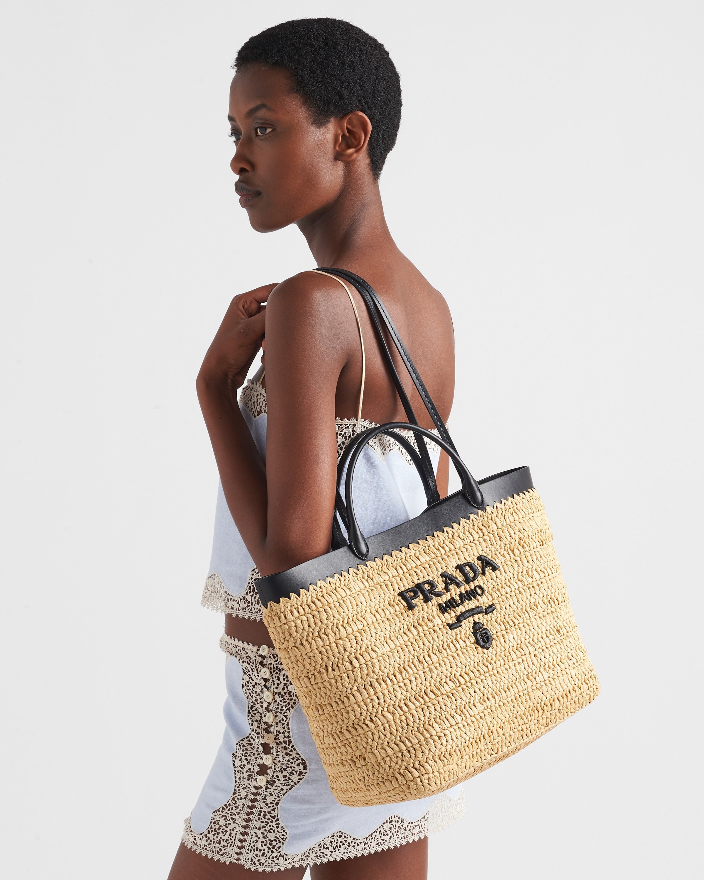 Medium crochet and leather tote bag Tan/Black