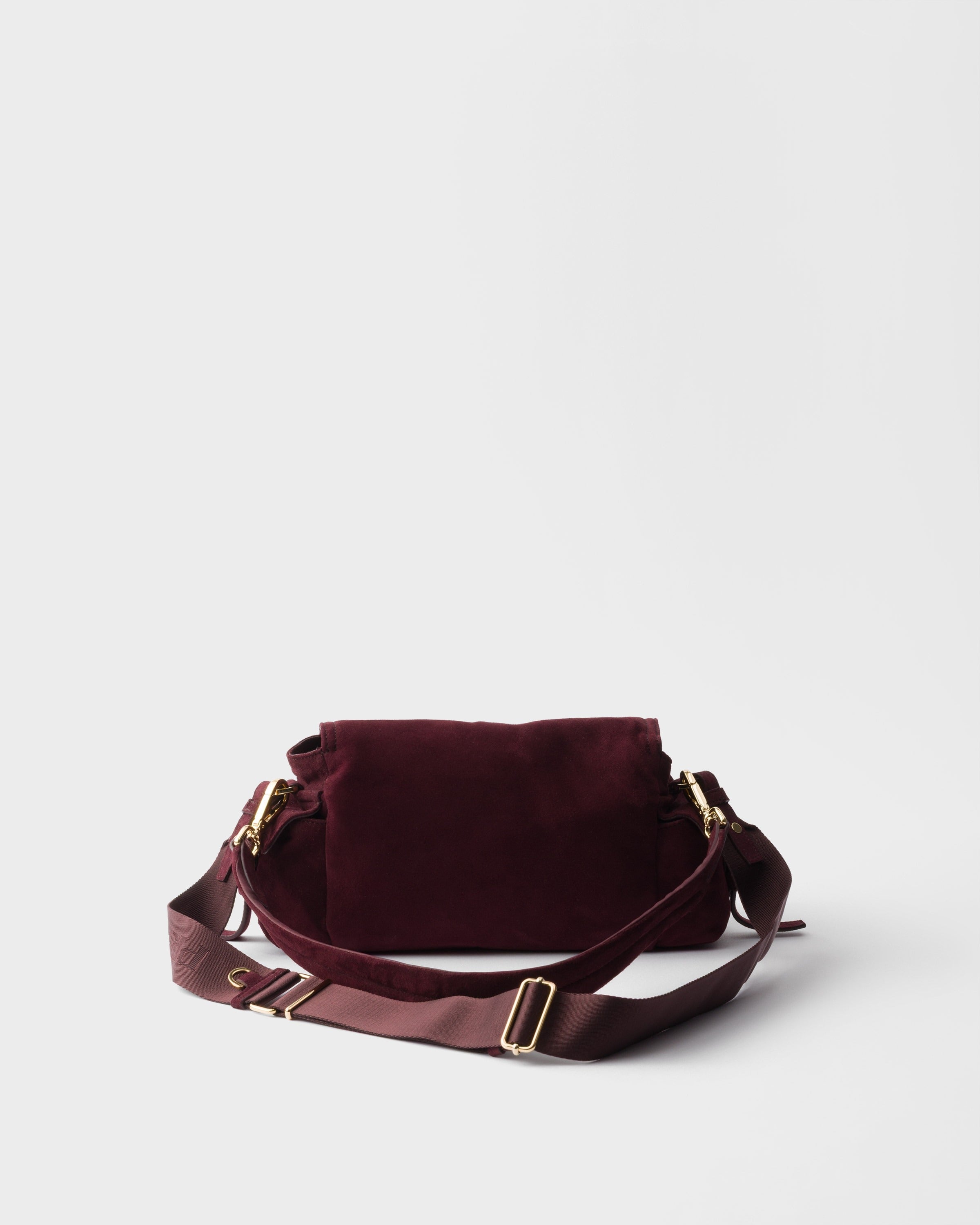 Prada Explore medium suede shoulder bag with flap Burgundy