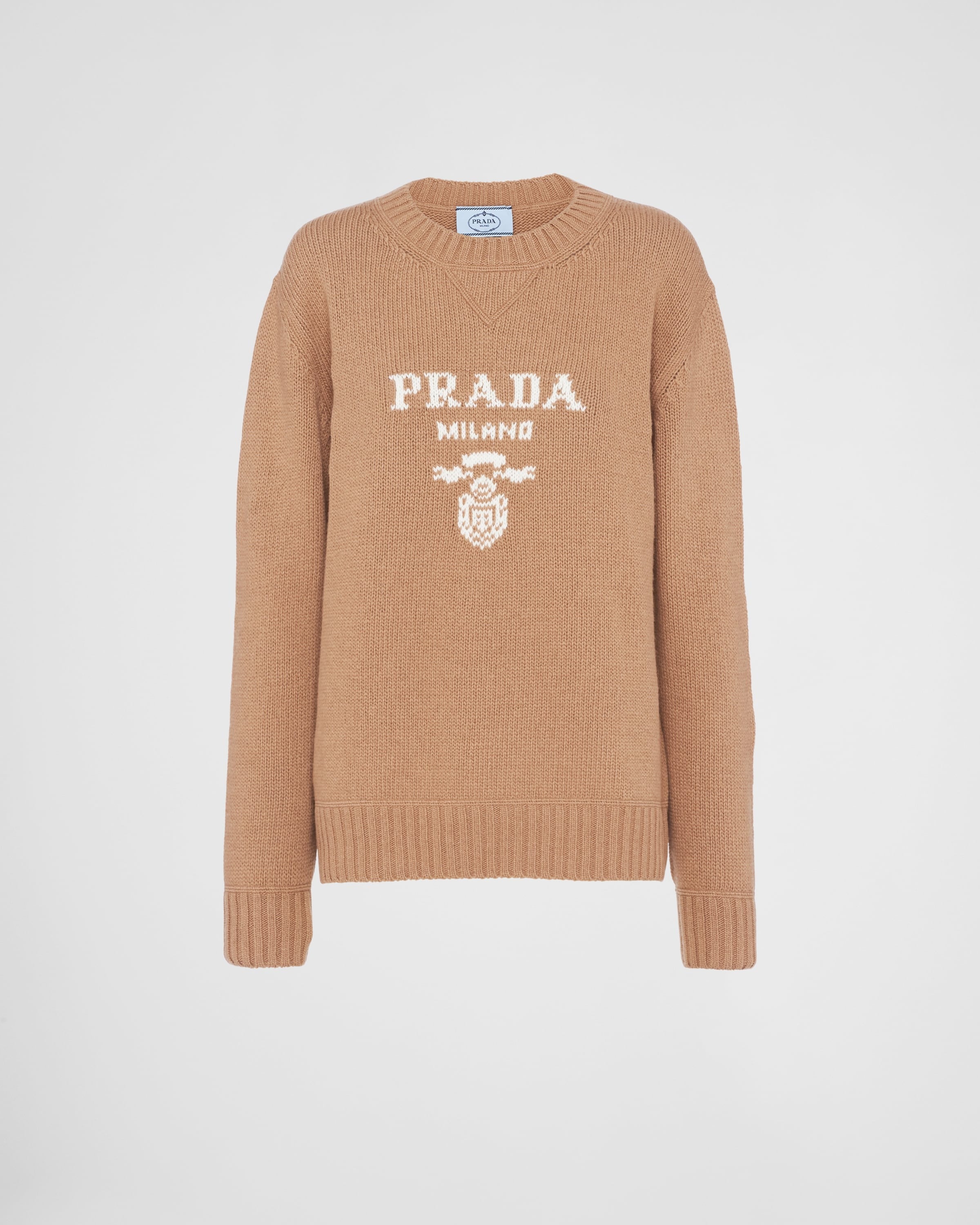 Cashmere and wool Prada logo crew-neck sweater Camel Brown