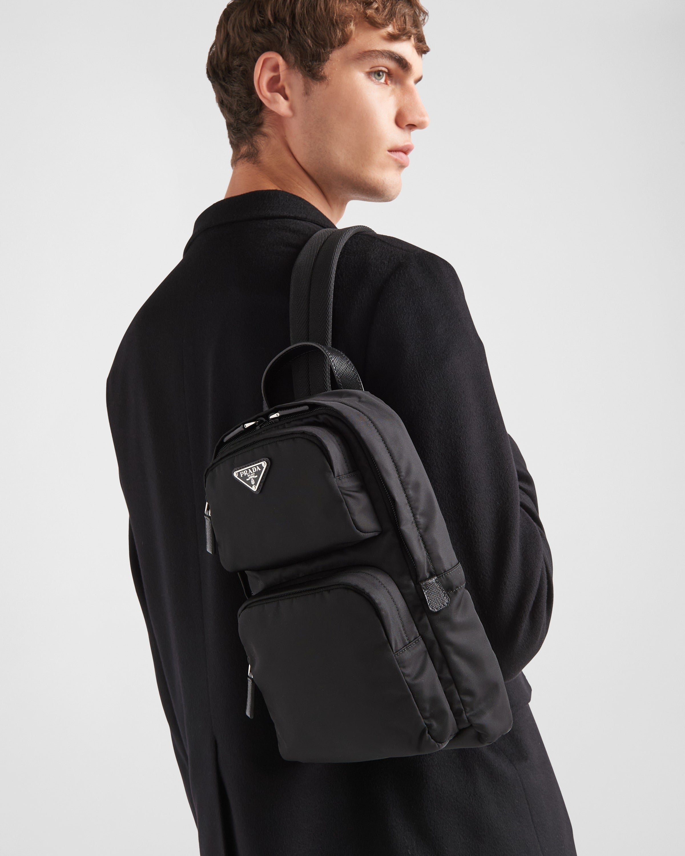Re-Nylon and Saffiano leather backpack Black