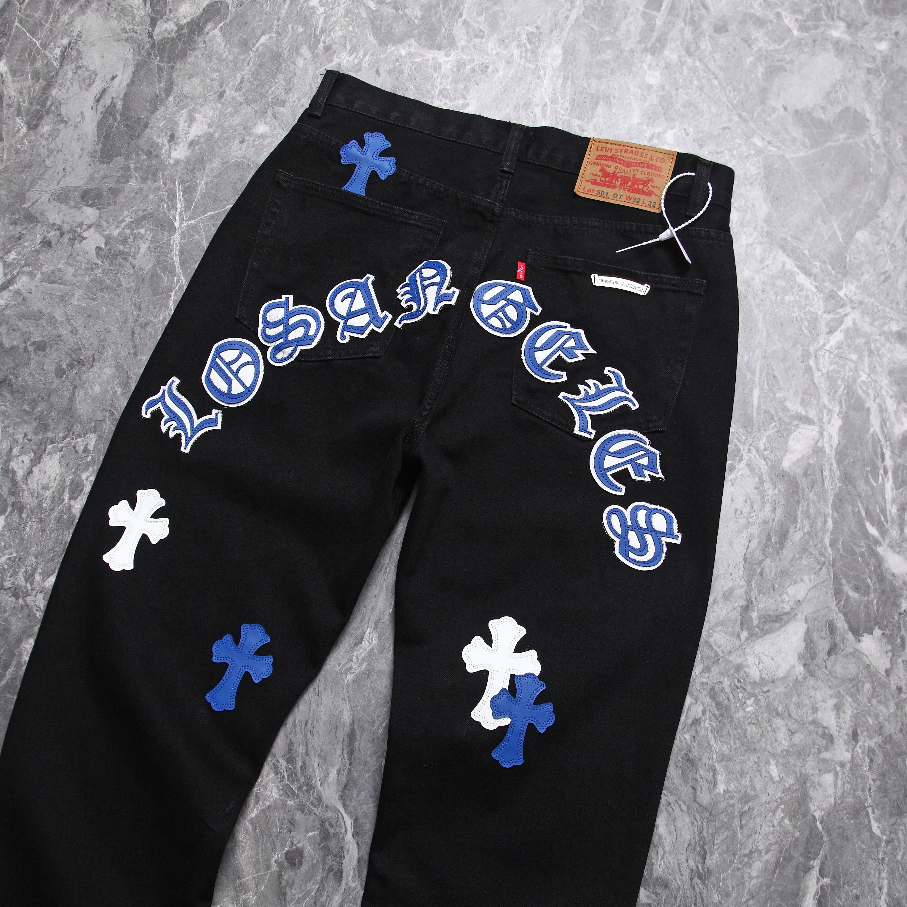 Chrome Hearts Los Angels Limted Edition Blue White Cross Leather Patchwork Black Jeans