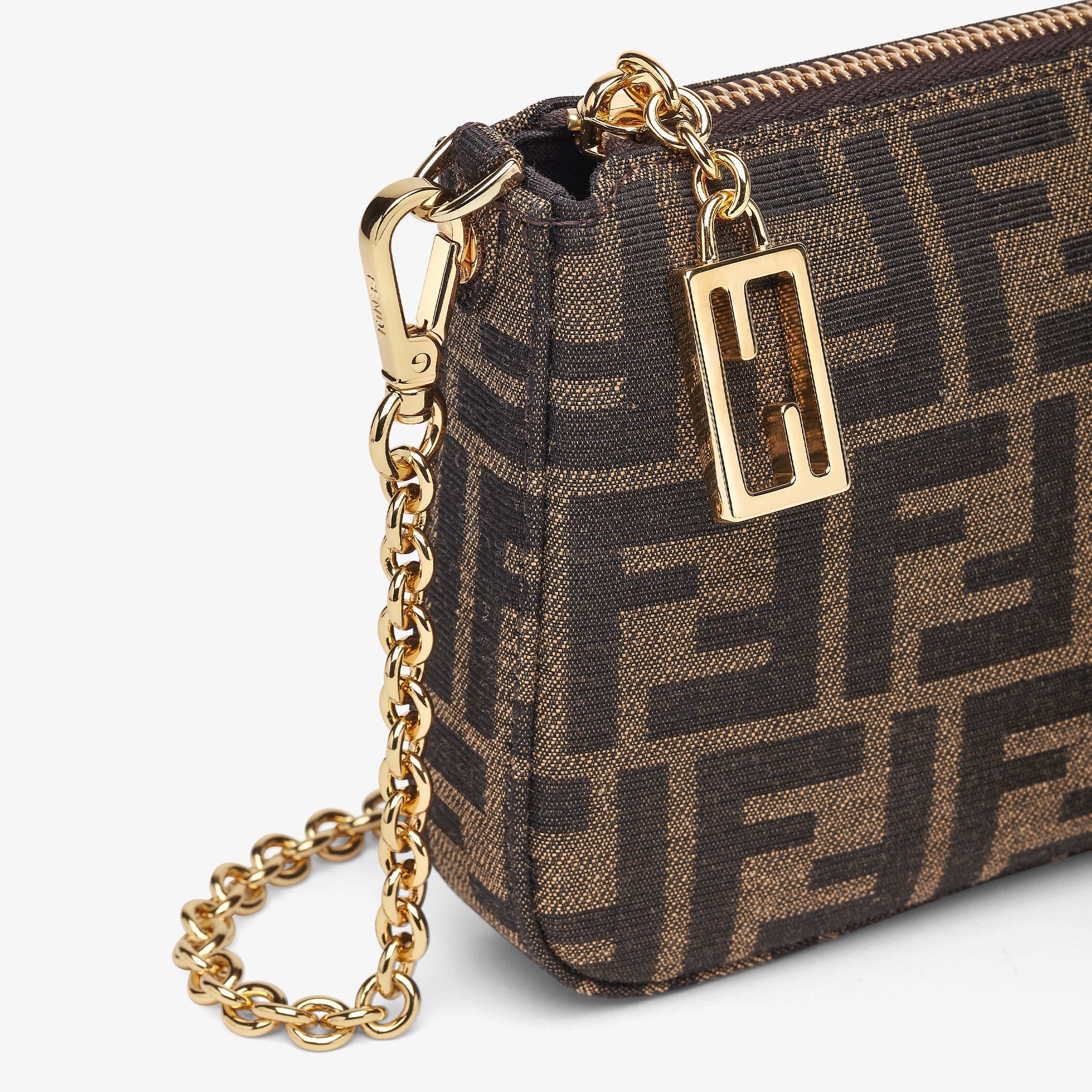 Baguette Pouch Brown jacquard FF fabric clutch with chain
