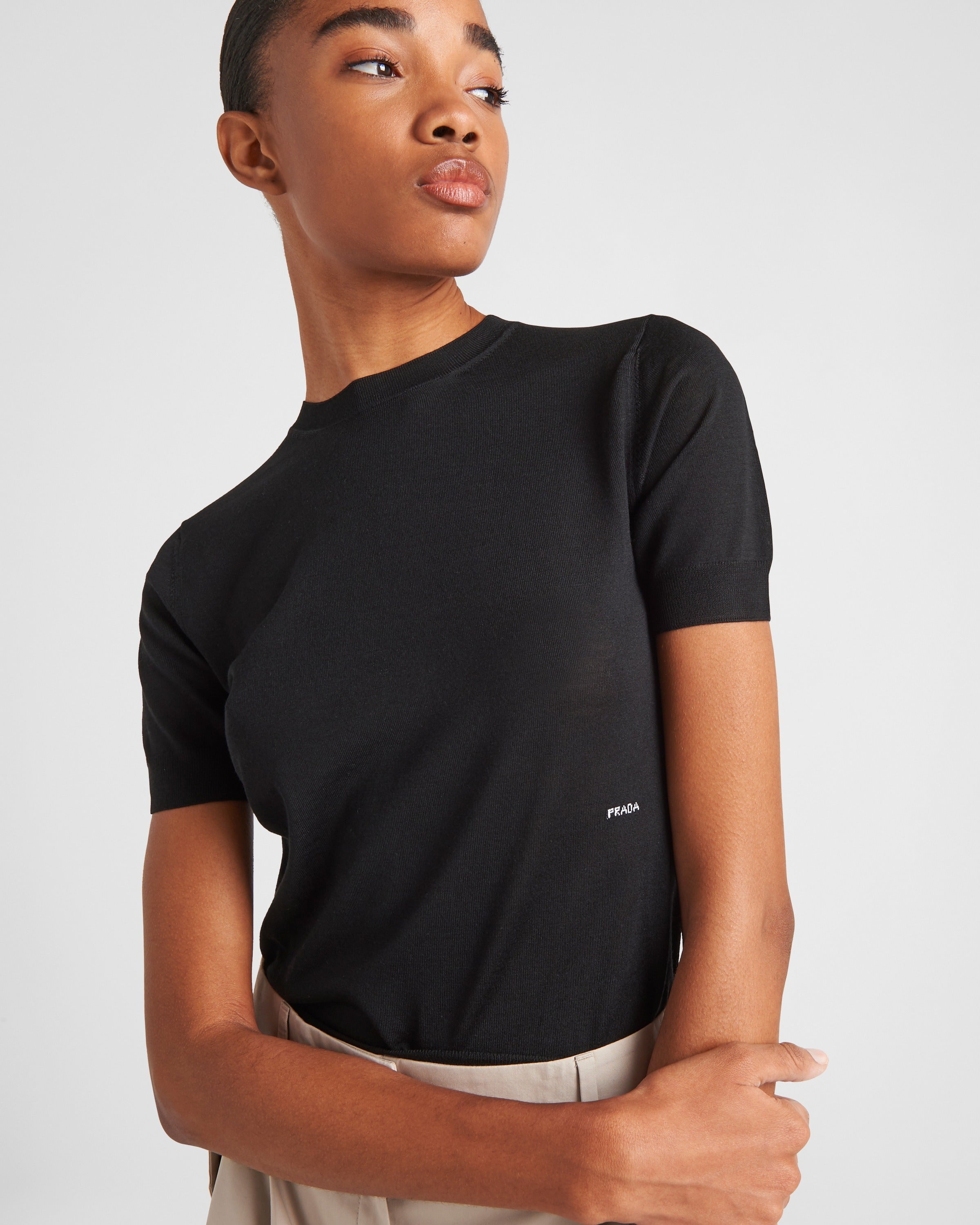 Worsted wool crew-neck sweater Black
