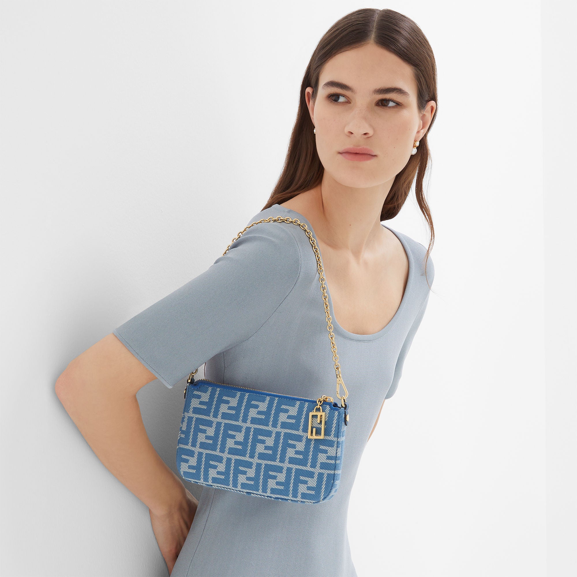 Baguette Pouch Blue denim-effect FF jacquard charm pouch with chain