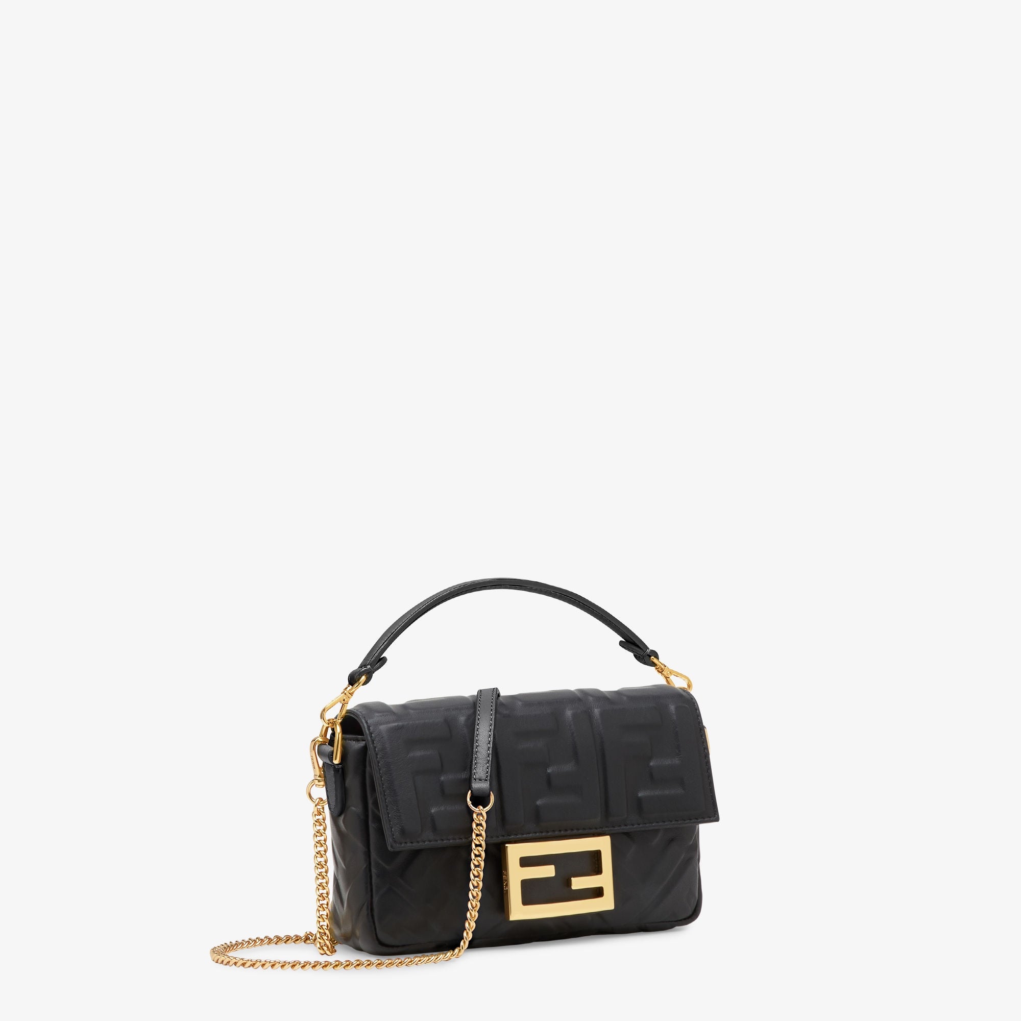 Baguette Mini Black nappa leather bag with FF motif