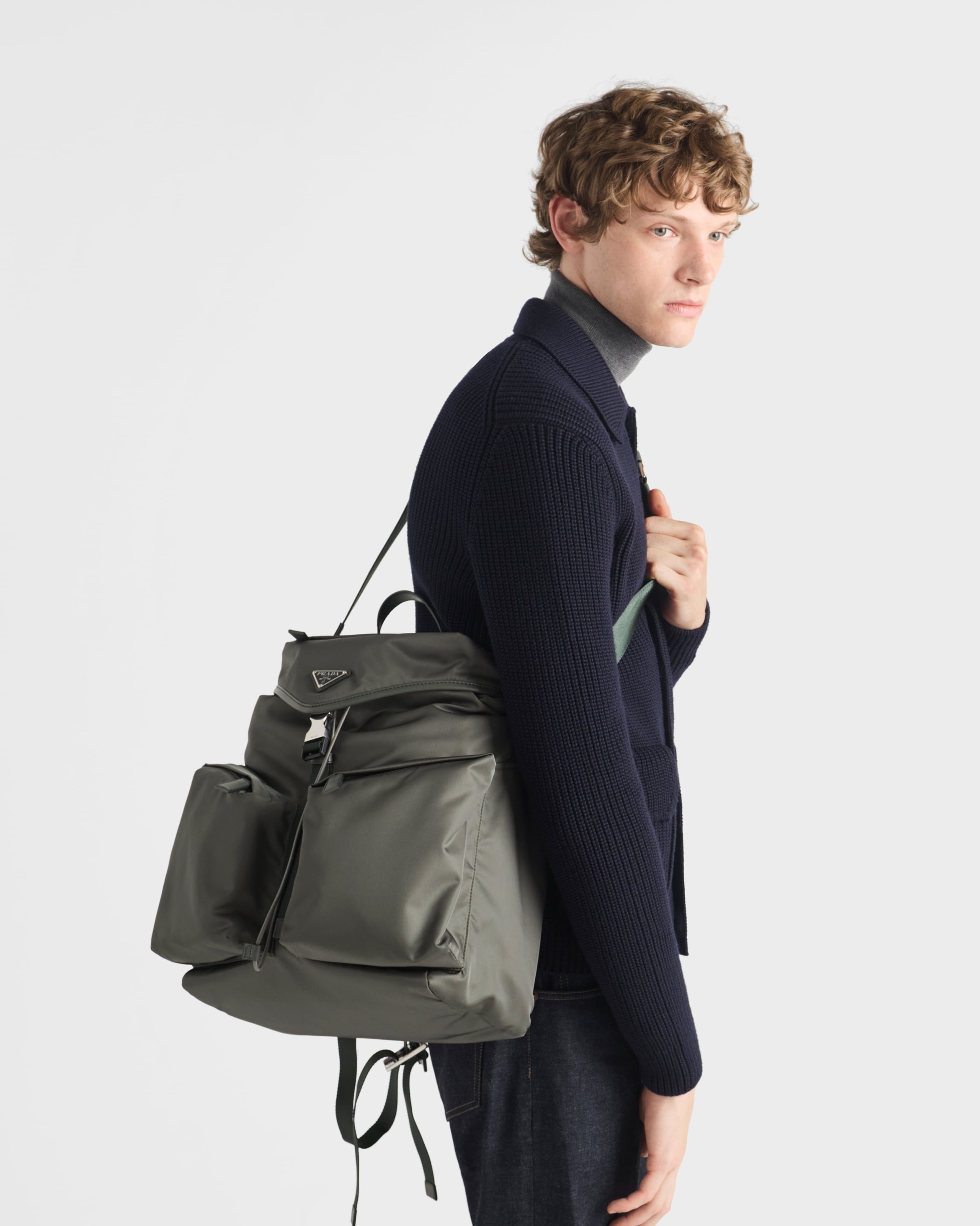 Re-Nylon and leather backpack Forest Green