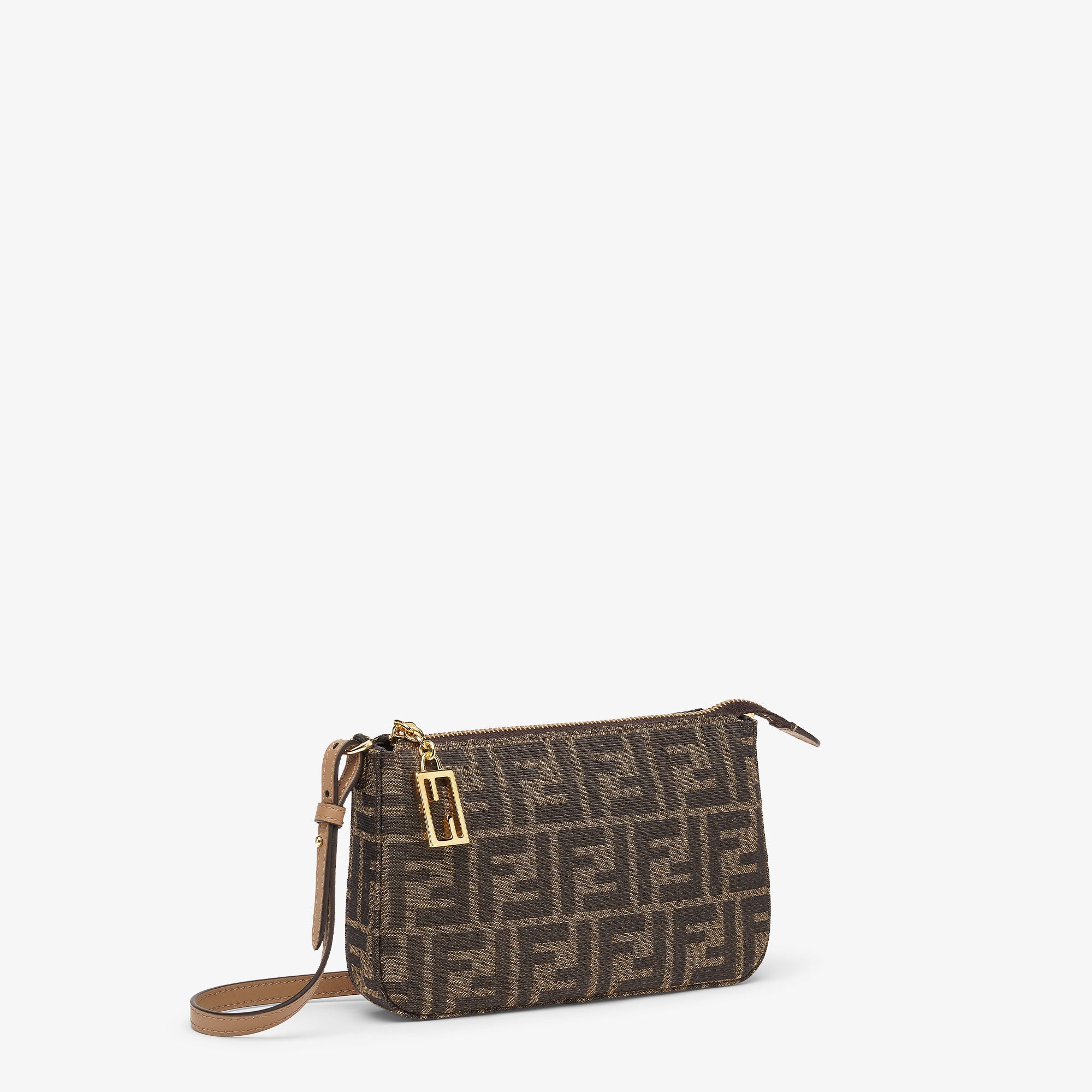 Baguette Pouch Brown jacquard FF fabric clutch with chain