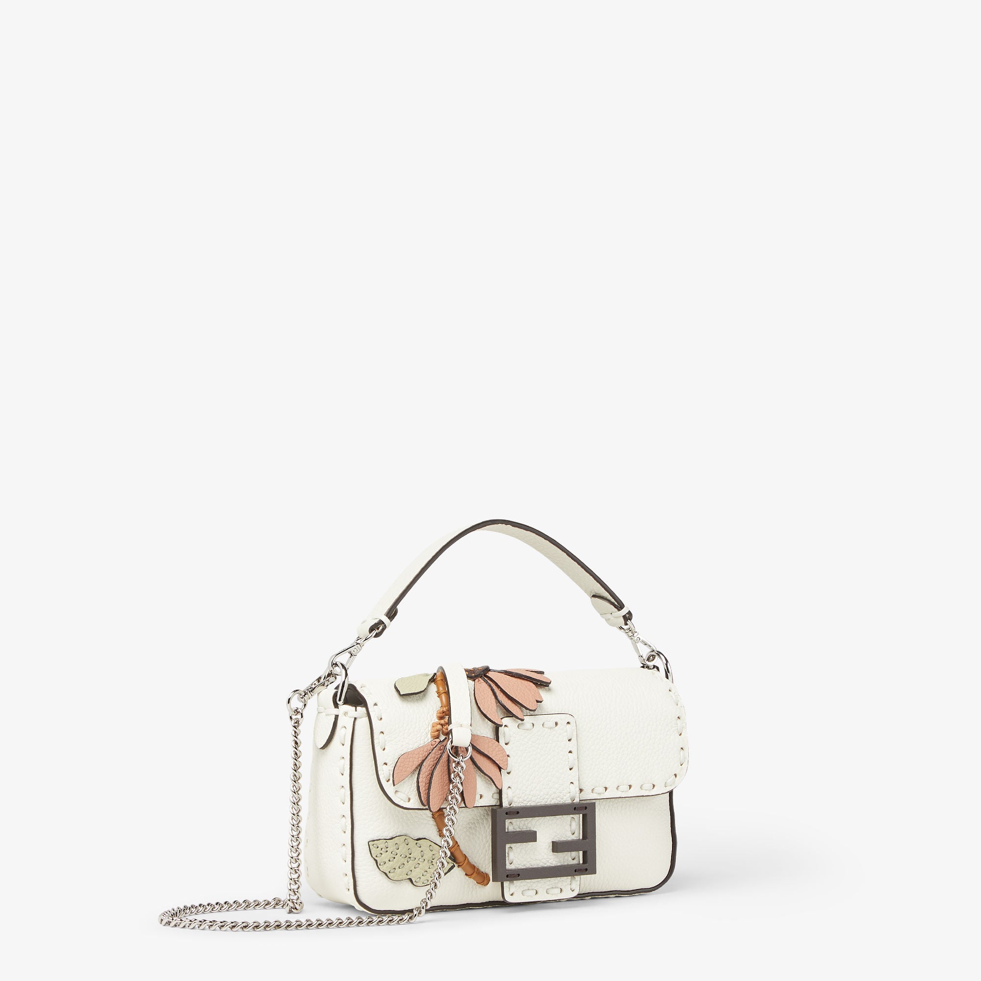 Baguette Mini White Selleria bag with floral motifs and 309 hand-sewn stitches