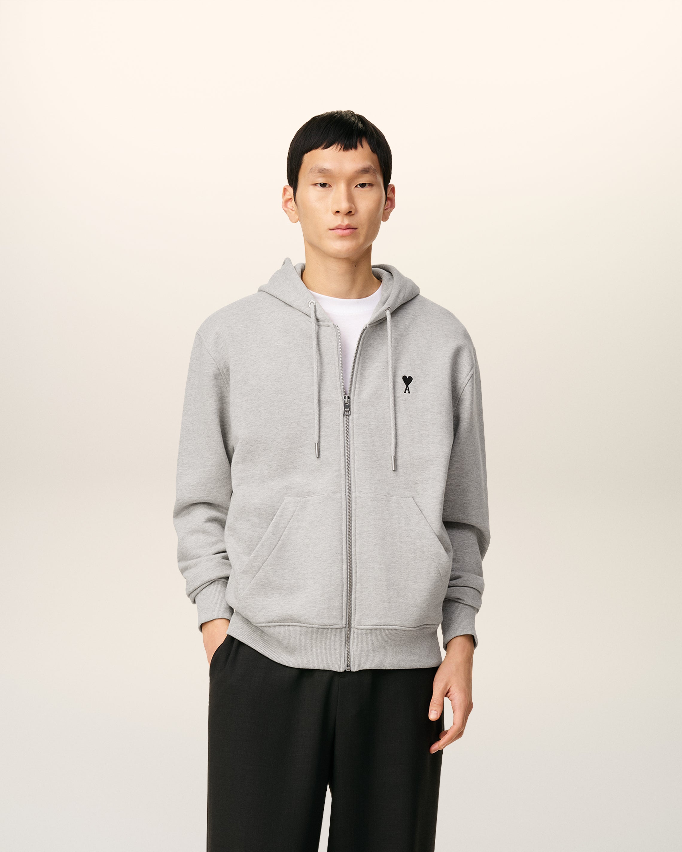 Grey Cotton Zipped Ami De Coeur Hoodie HEATHER ASH GREY