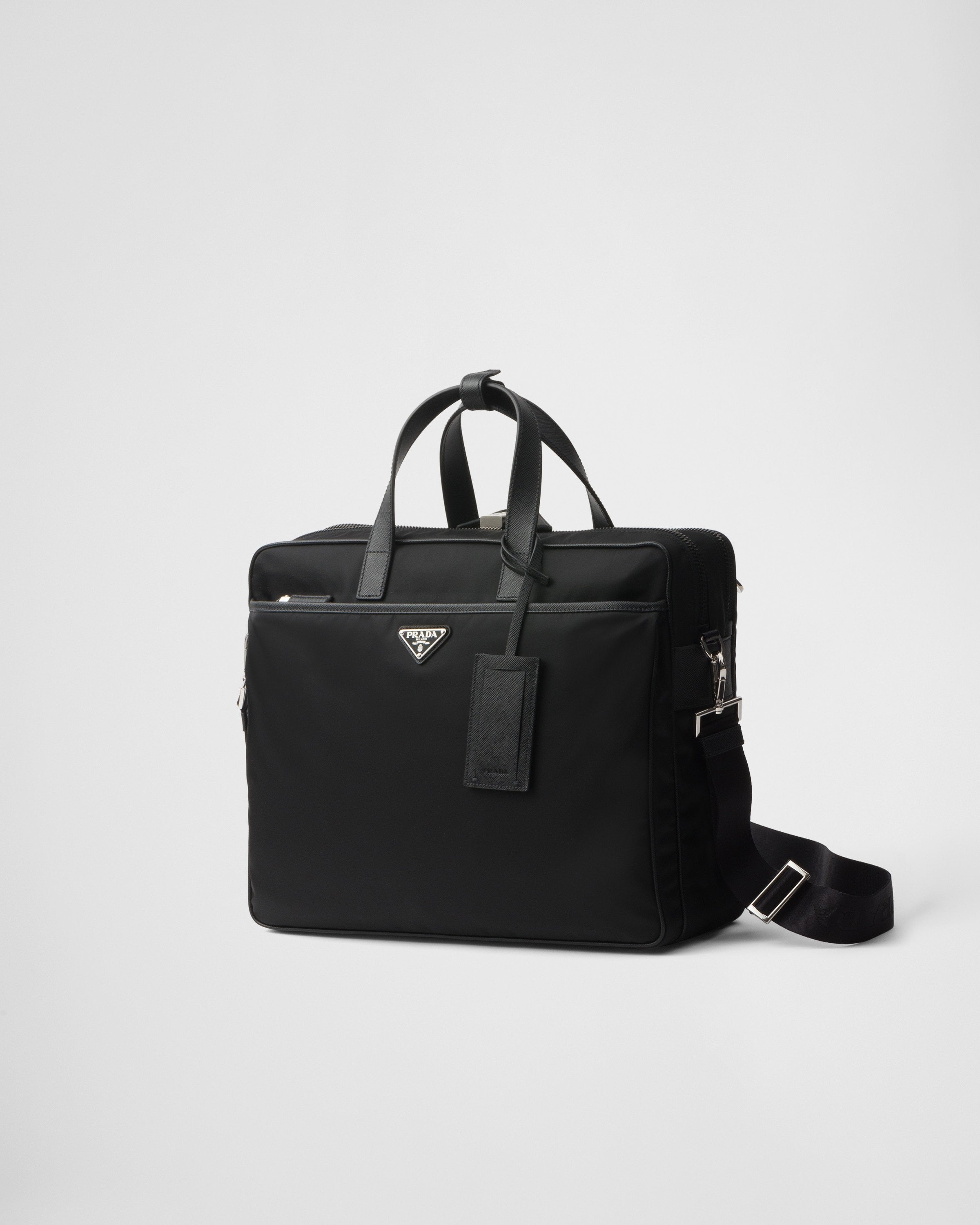 Re-Nylon and Saffiano leather briefcase Black