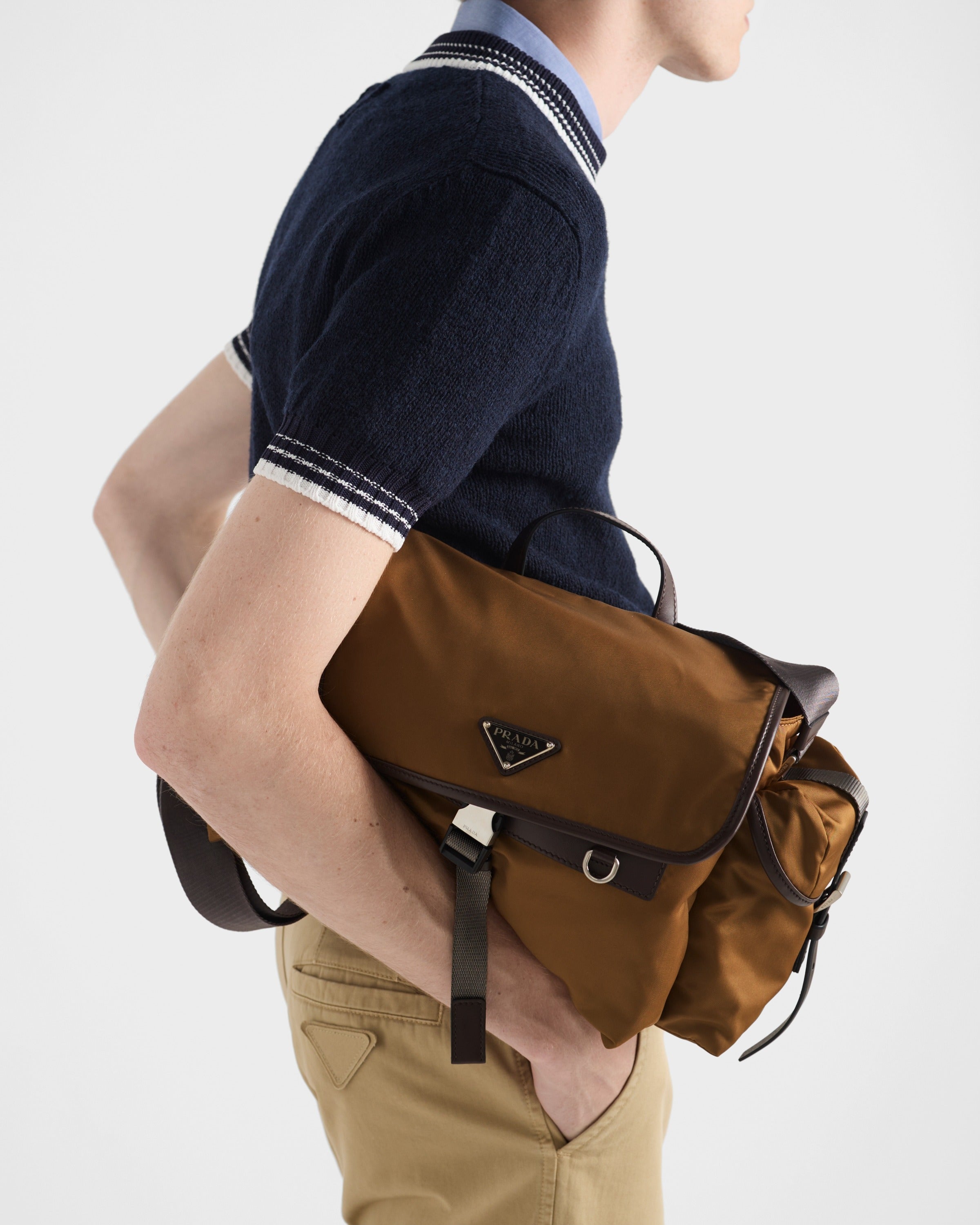 Re-Nylon and leather shoulder bag Brandy
