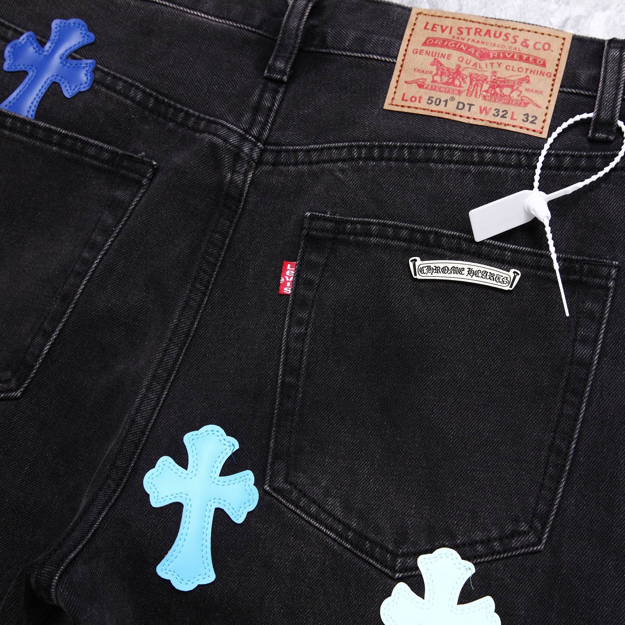 Chrome Hearts Blue Cross Leather Patchwork Black Jeans