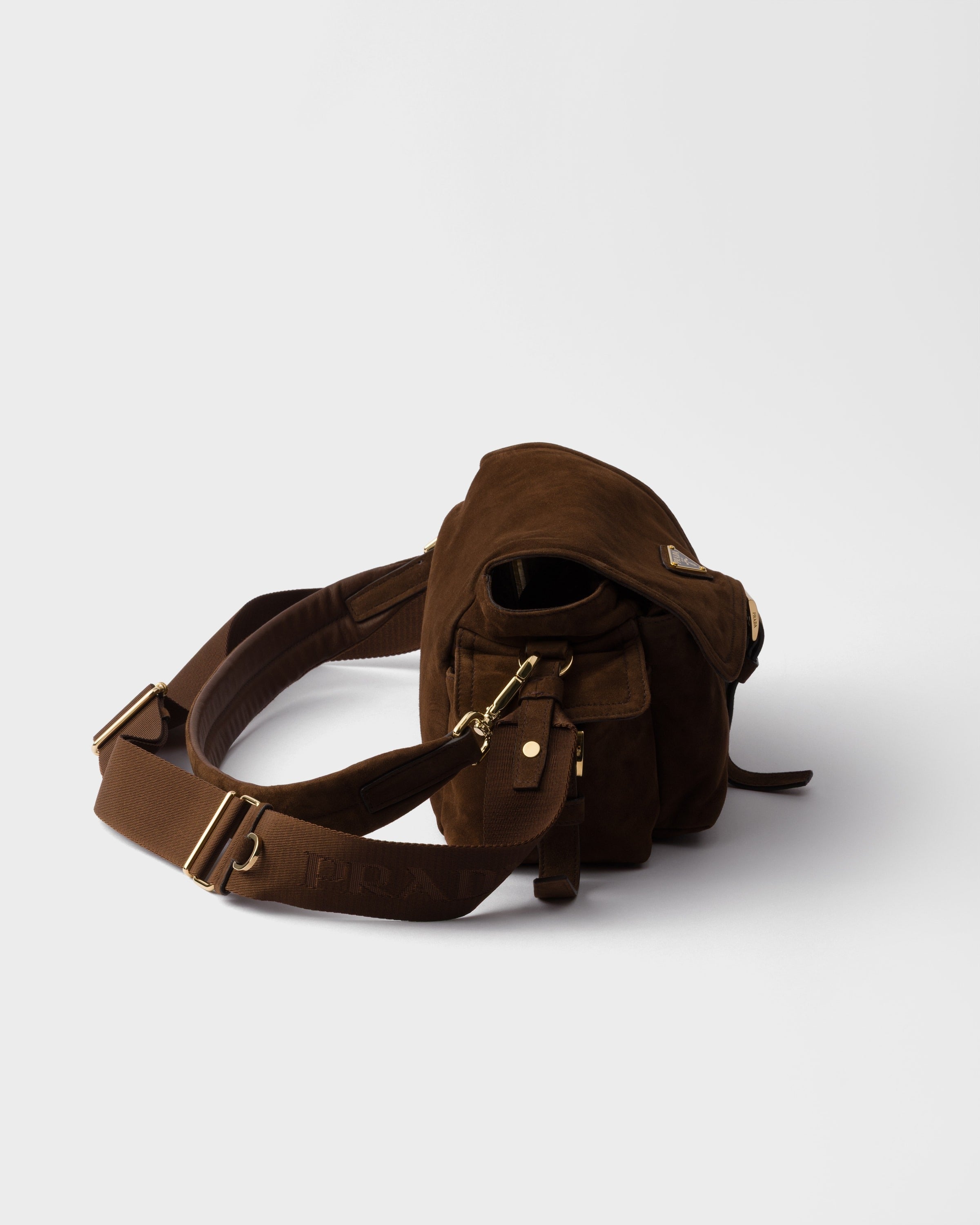 Prada Explore medium suede shoulder bag with flap Cocoa Brown