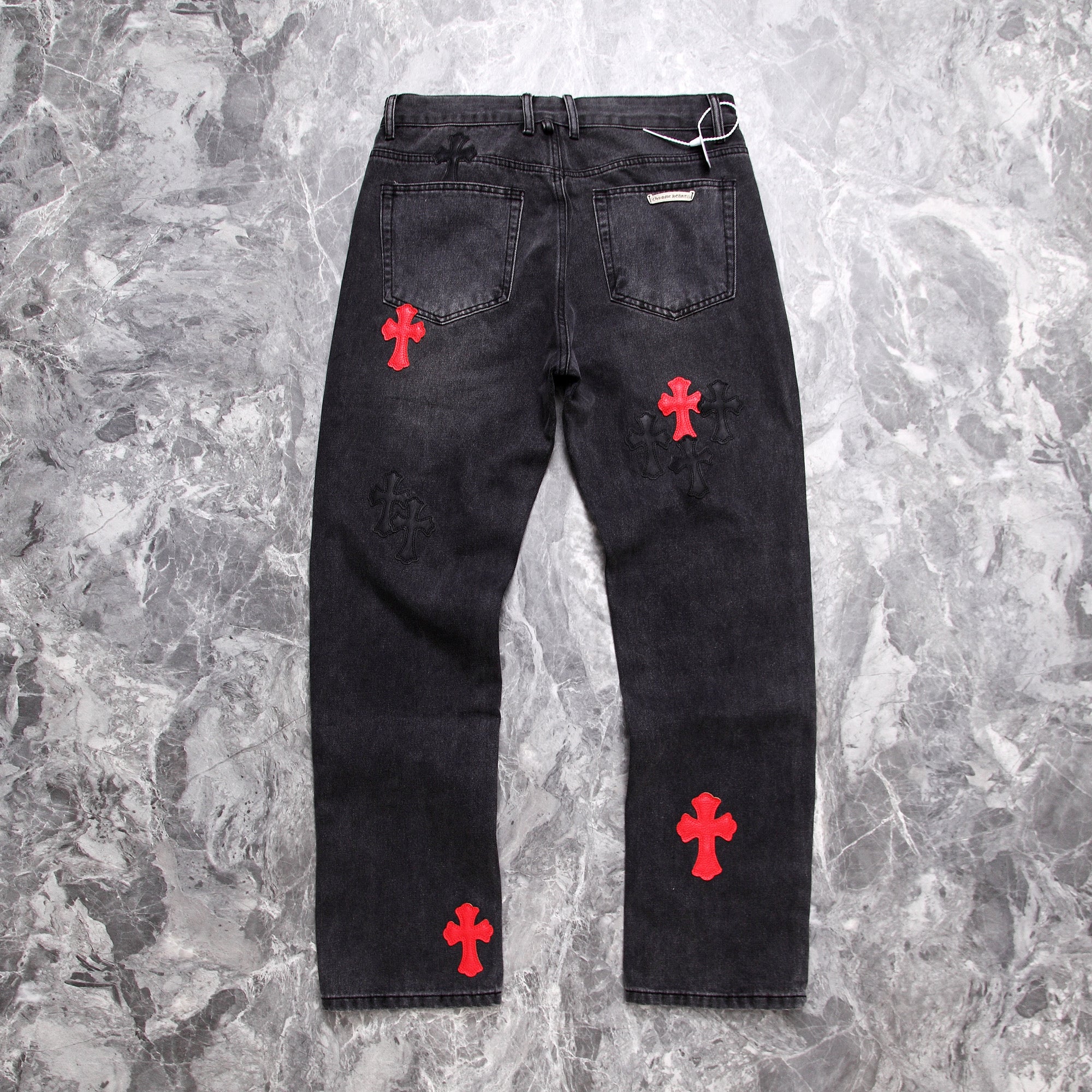 Chrome Hearts Red Black Cross Leather Patchwork Jeans