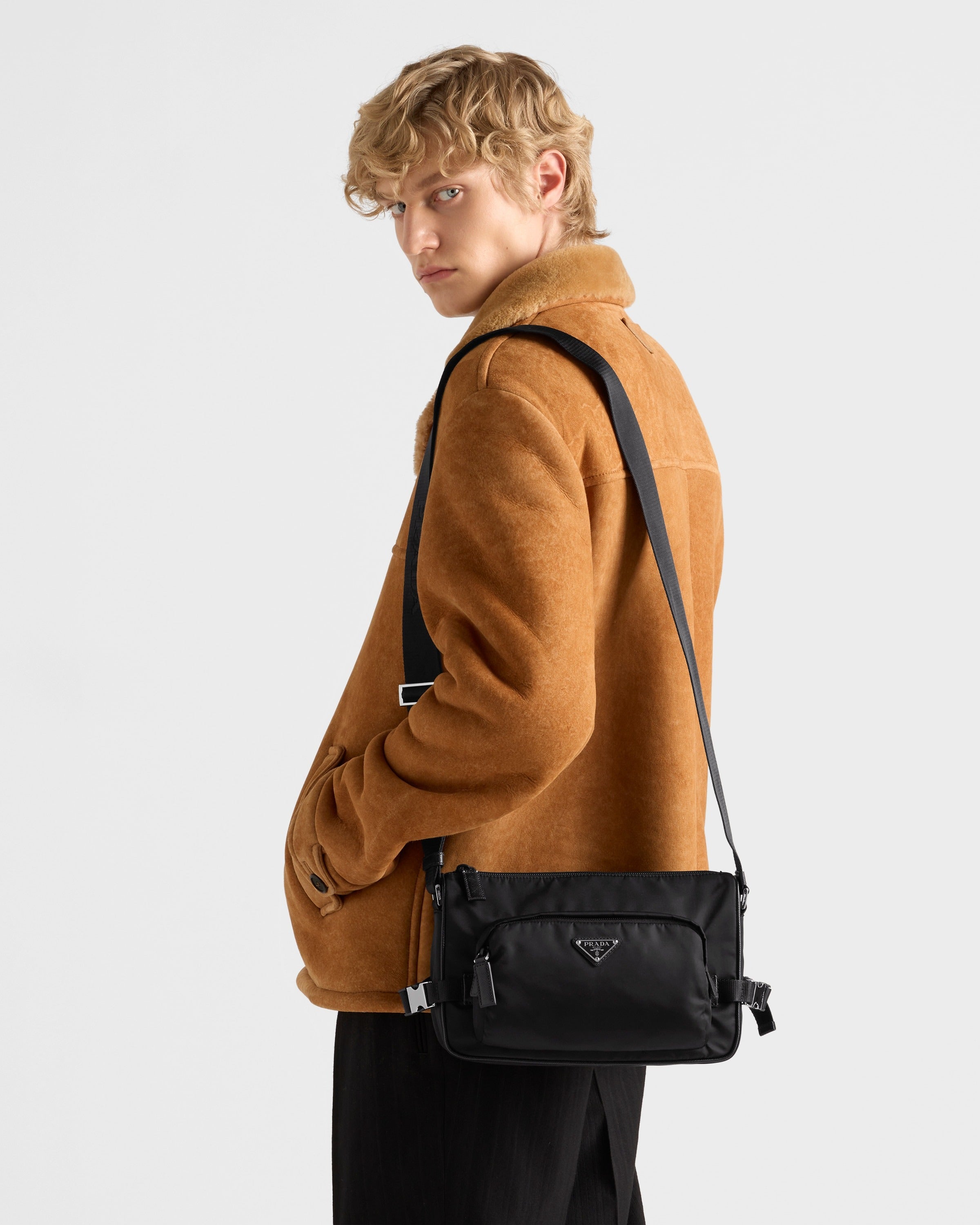 Medium Re-Nylon and Saffiano leather shoulder bag Black
