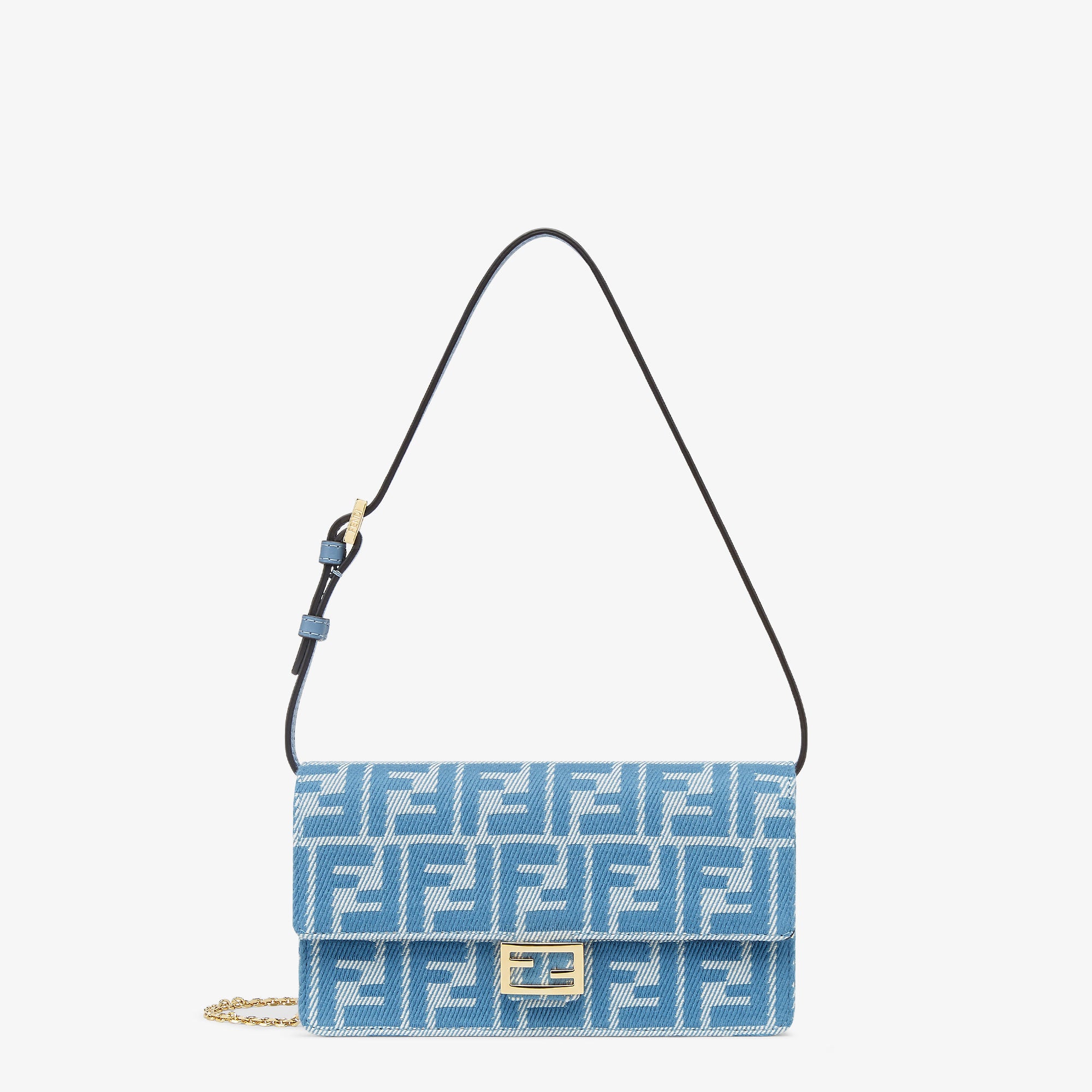 Wallet On Chain Baguette Blue denim-effect FF jacquard wallet