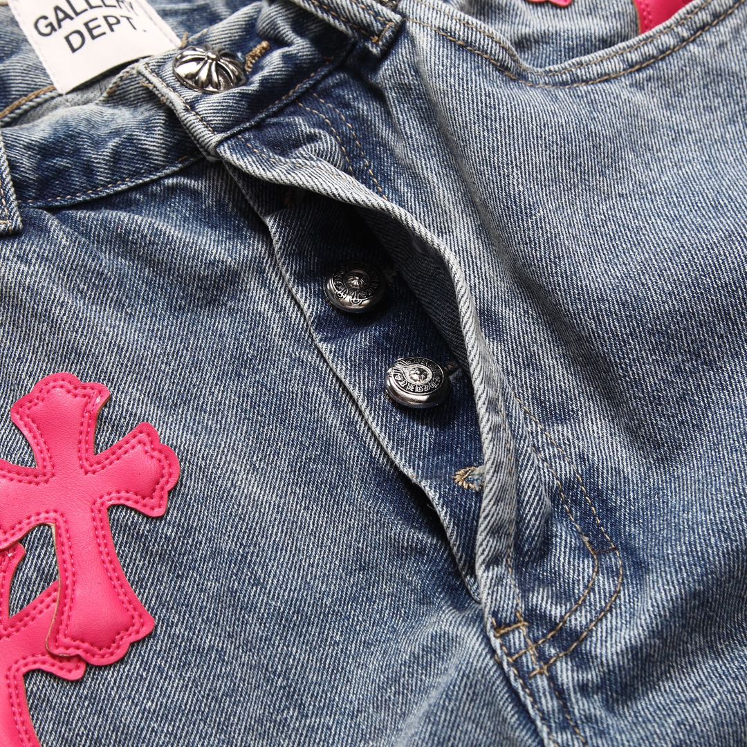Chrome Hearts x Gallery Dept. Big Pink Cross Leather Patchwork Jeans