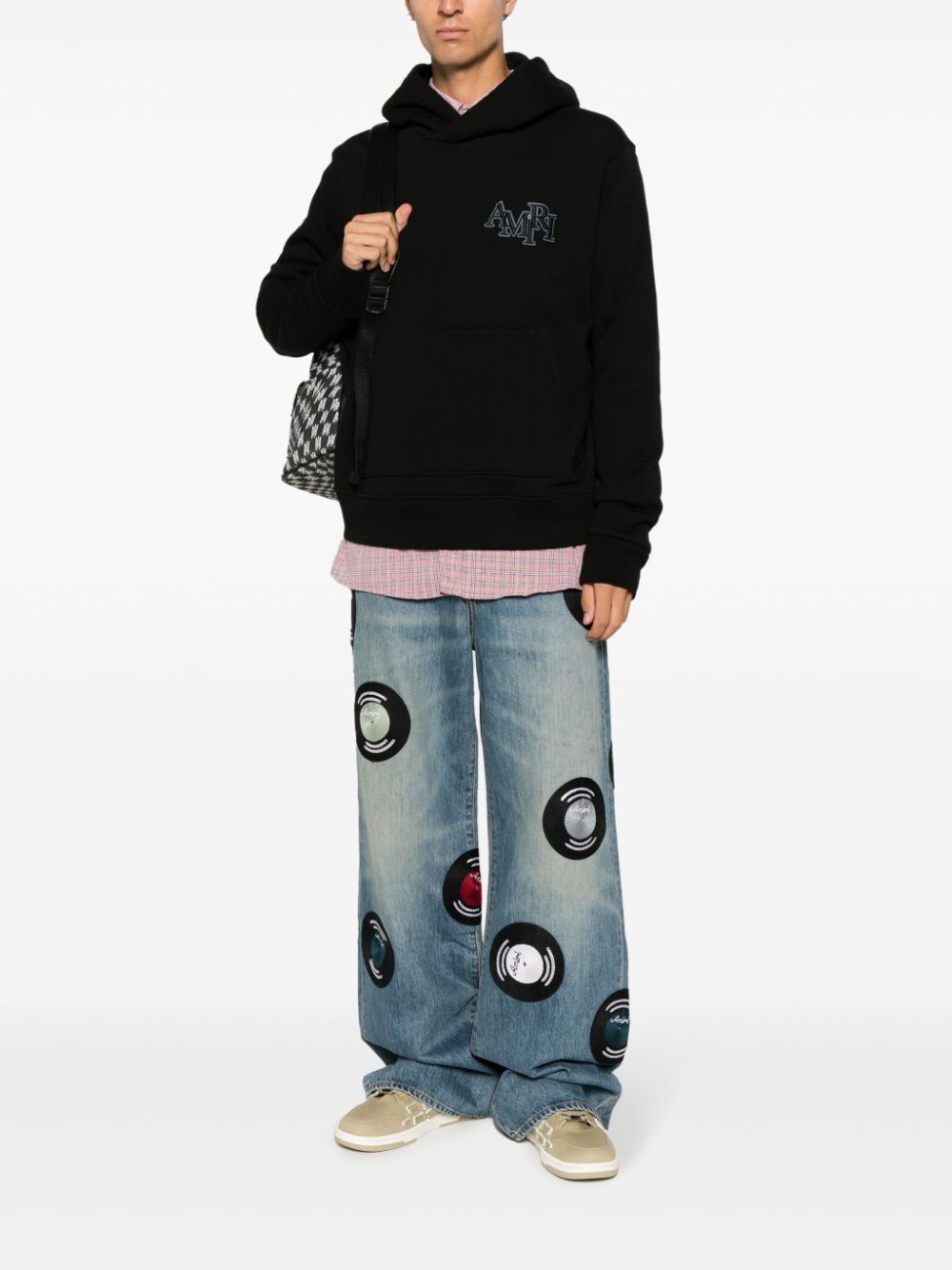 Staggered logo-embroidered cotton hoodie