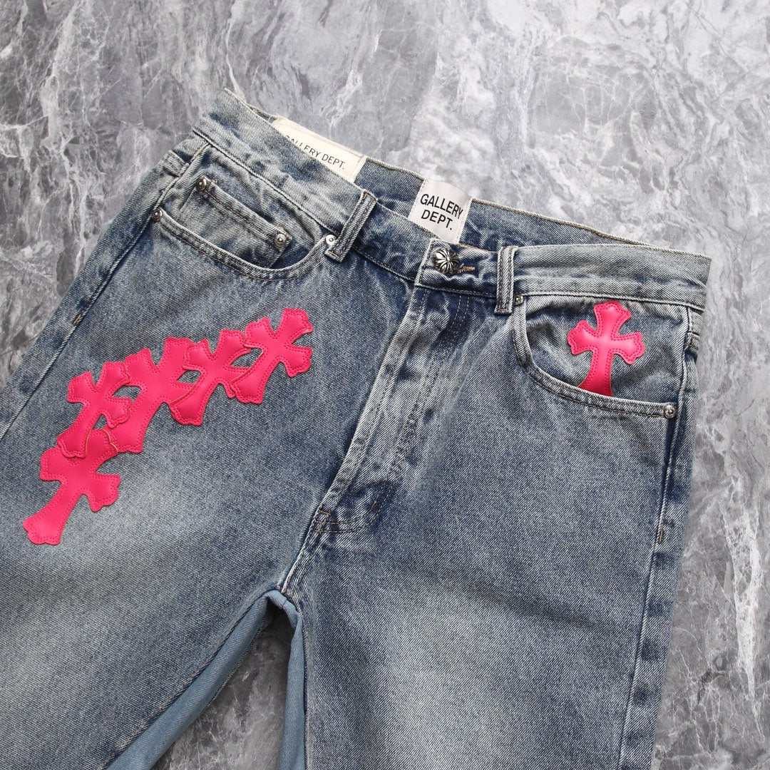Chrome Hearts x Gallery Dept. Big Pink Cross Leather Patchwork Jeans