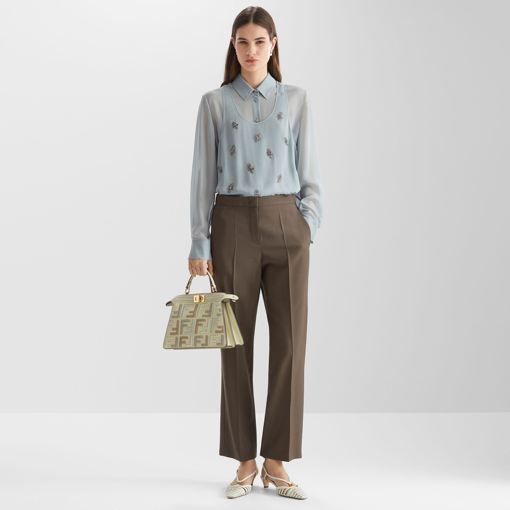 Peekaboo ISeeU Small Sage green leather bag with FF interlacing