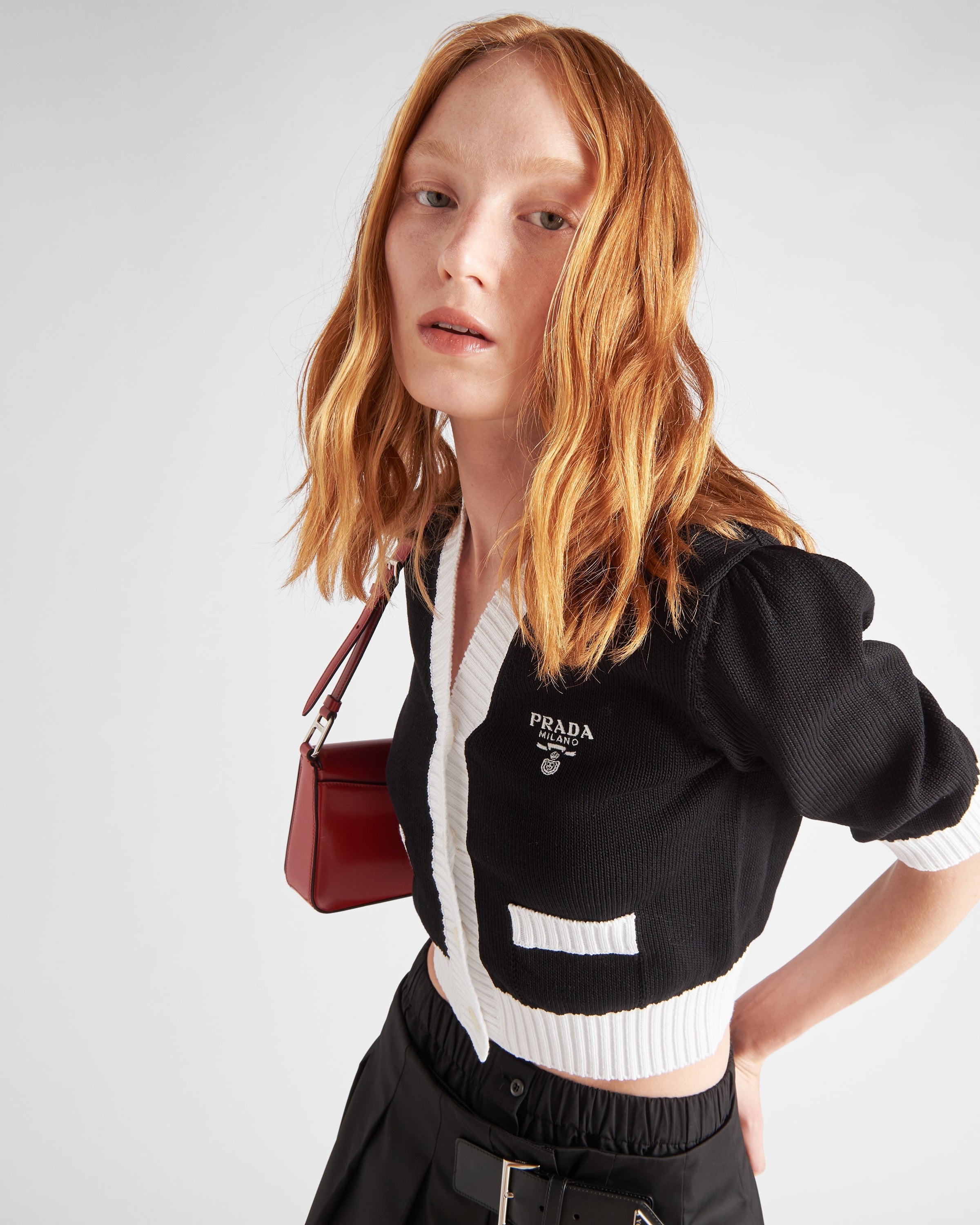 Cropped cotton cardigan Black/White