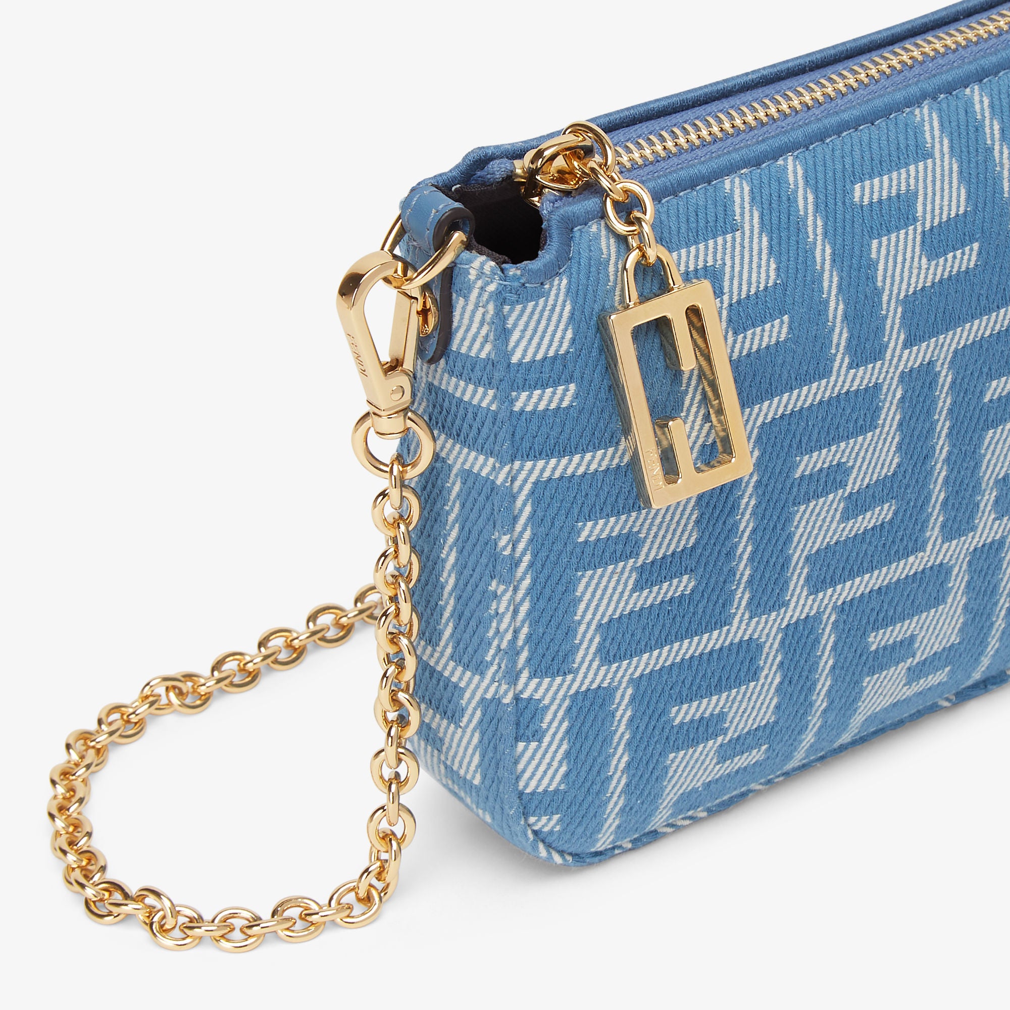 Baguette Pouch Blue denim-effect FF jacquard charm pouch with chain