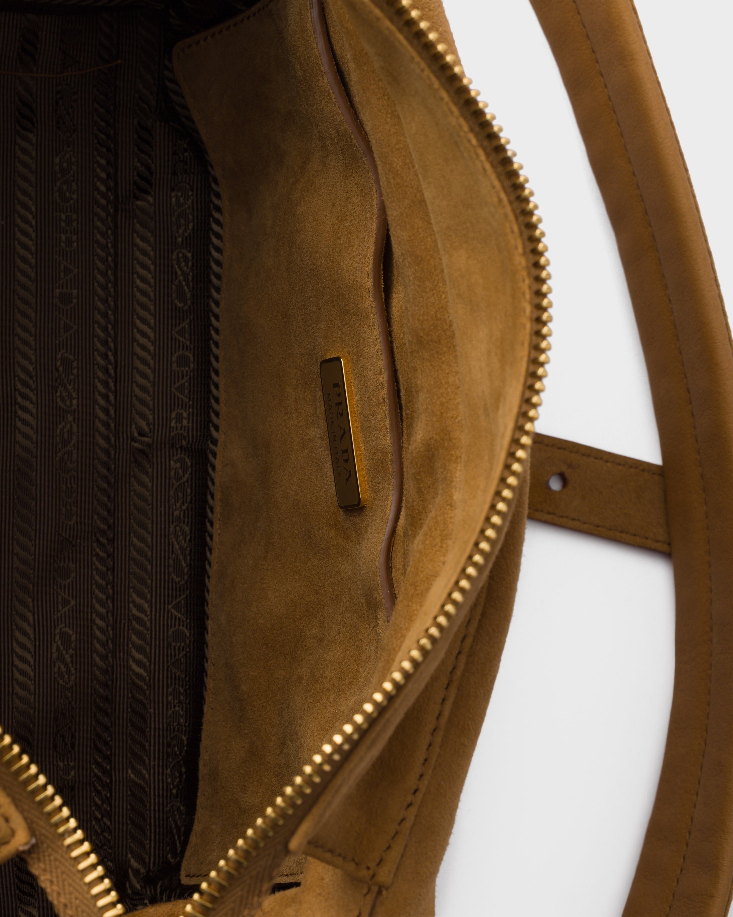 Prada Explore medium suede shoulder bag with flap Cinnamon