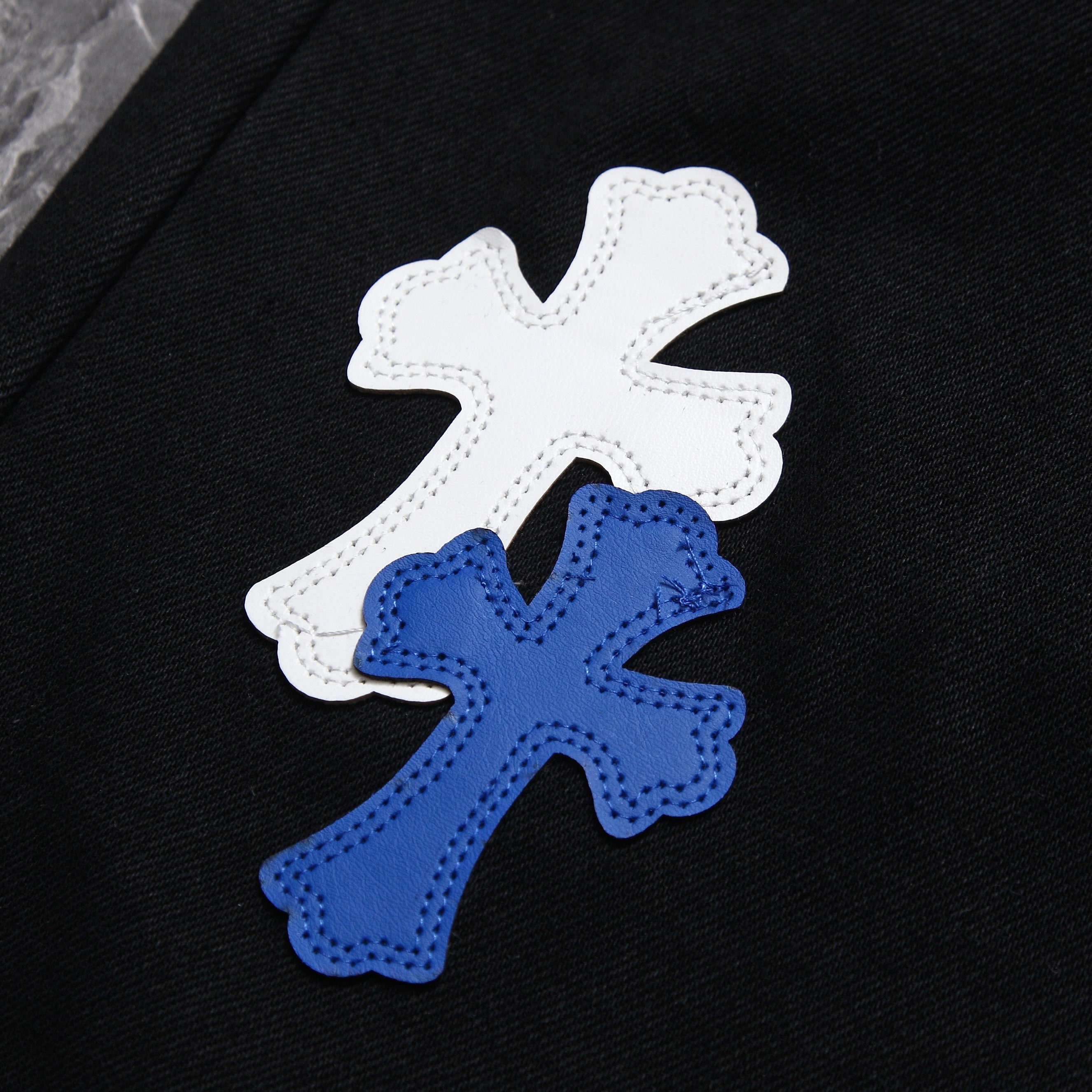 Chrome Hearts Los Angels Limted Edition Blue White Cross Leather Patchwork Black Jeans