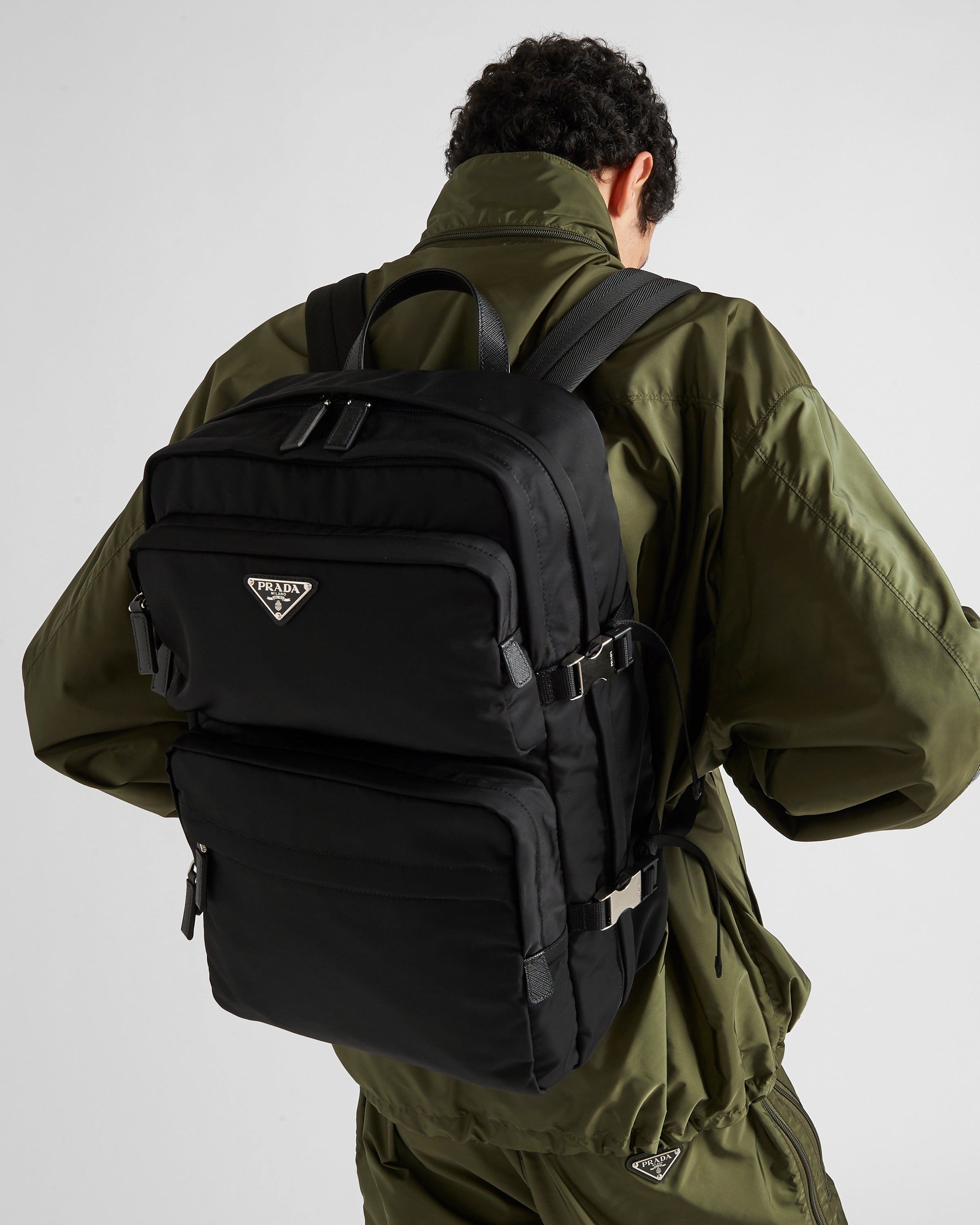 Re-Nylon and Saffiano leather backpack Black