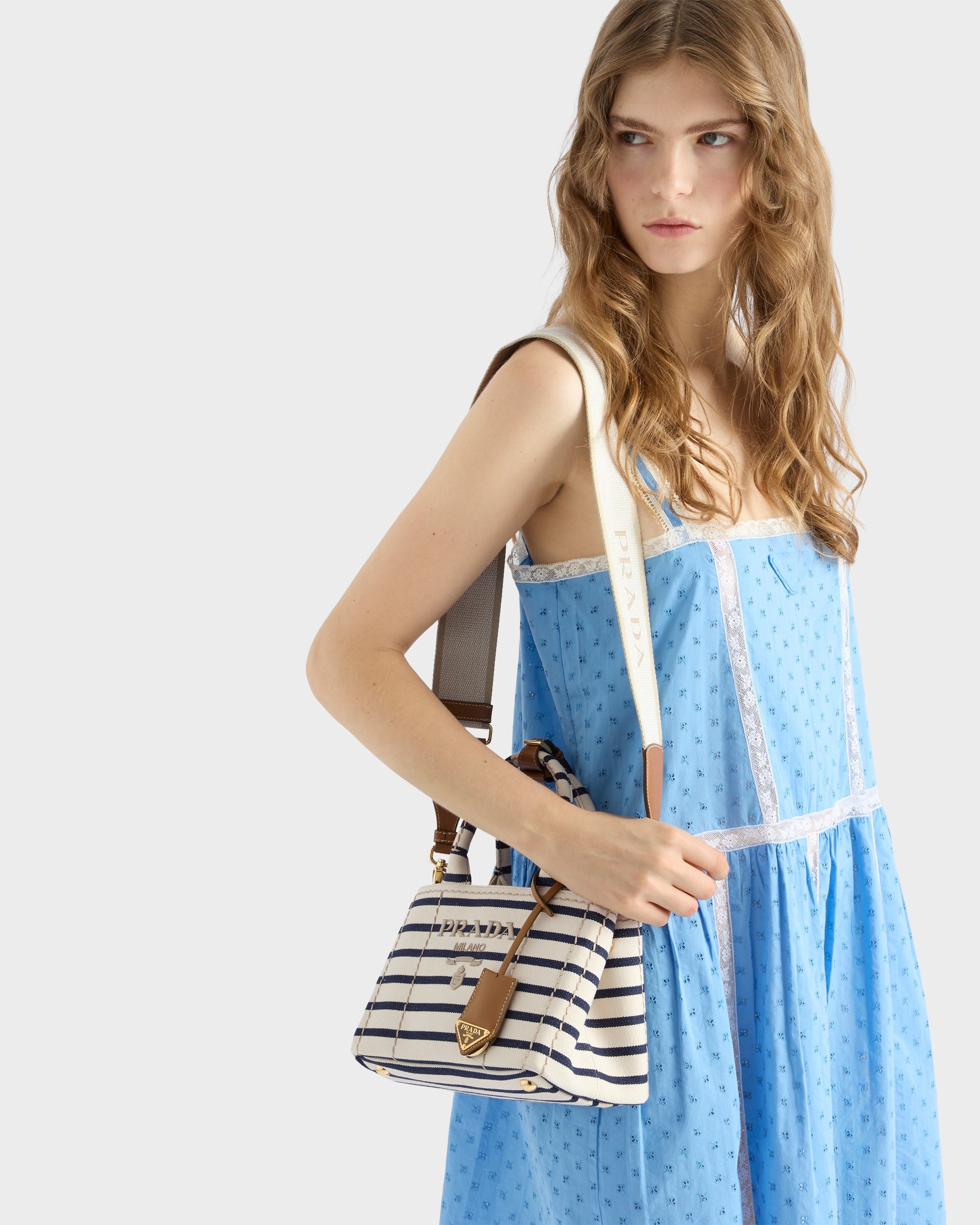 Prada Jardinière striped cotton canvas mini-bag Ivory/Blue
