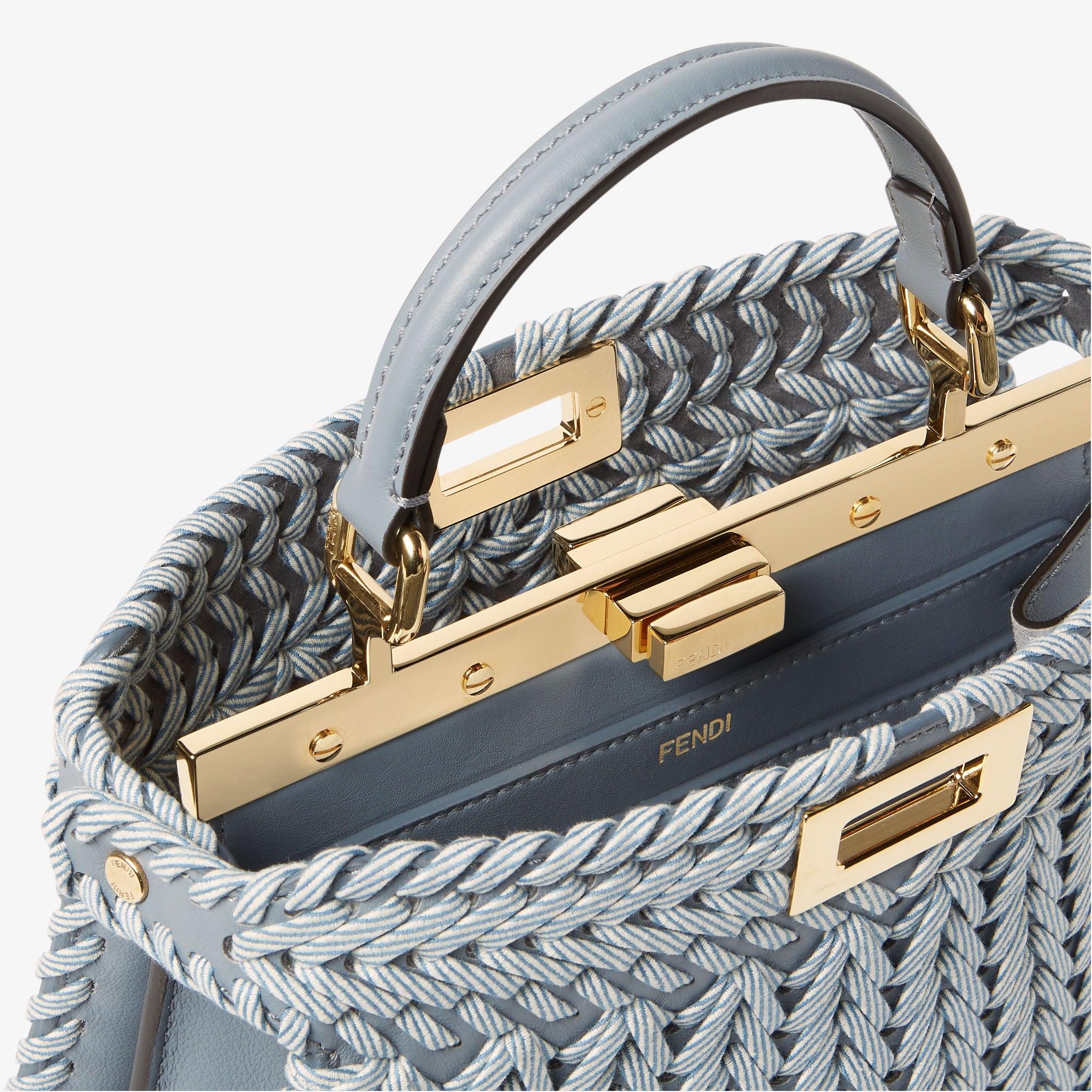 Peekaboo ISeeU Small Blue jacquard interlaced leather bag