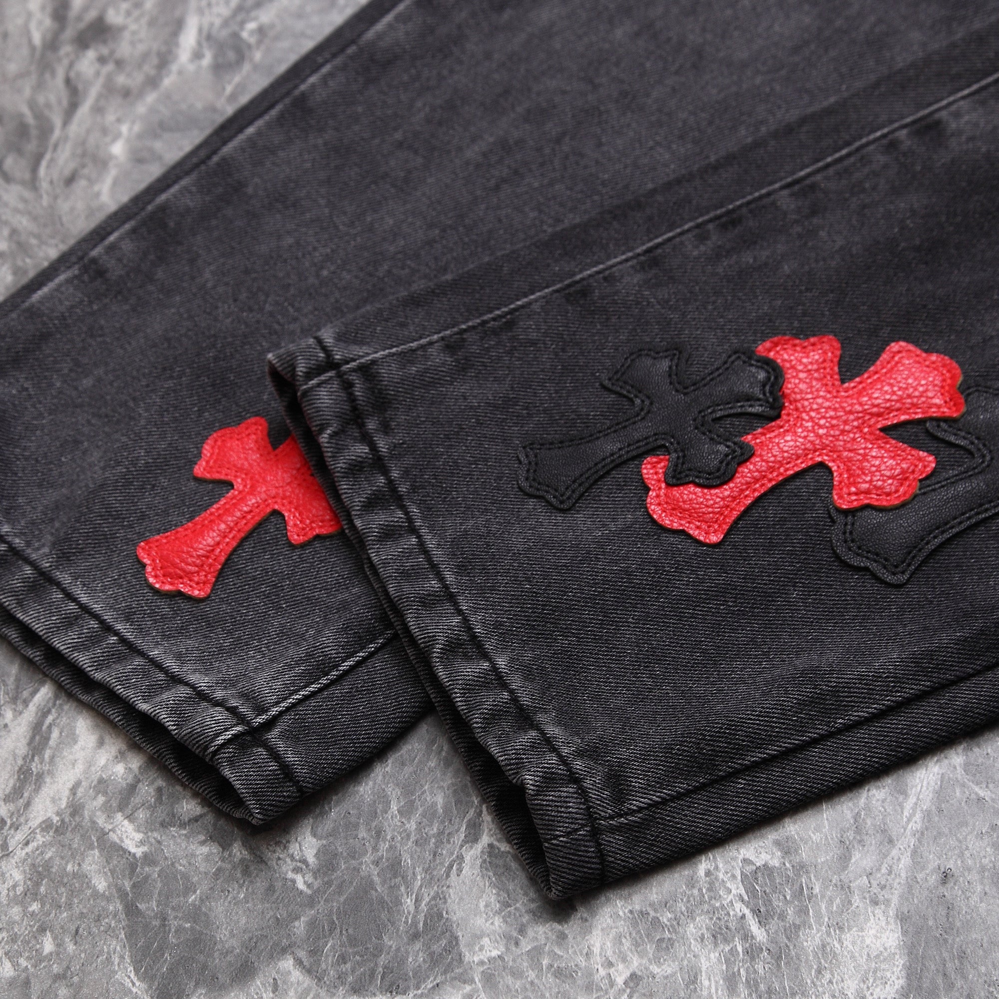 Chrome Hearts Red Black Cross Leather Patchwork Jeans