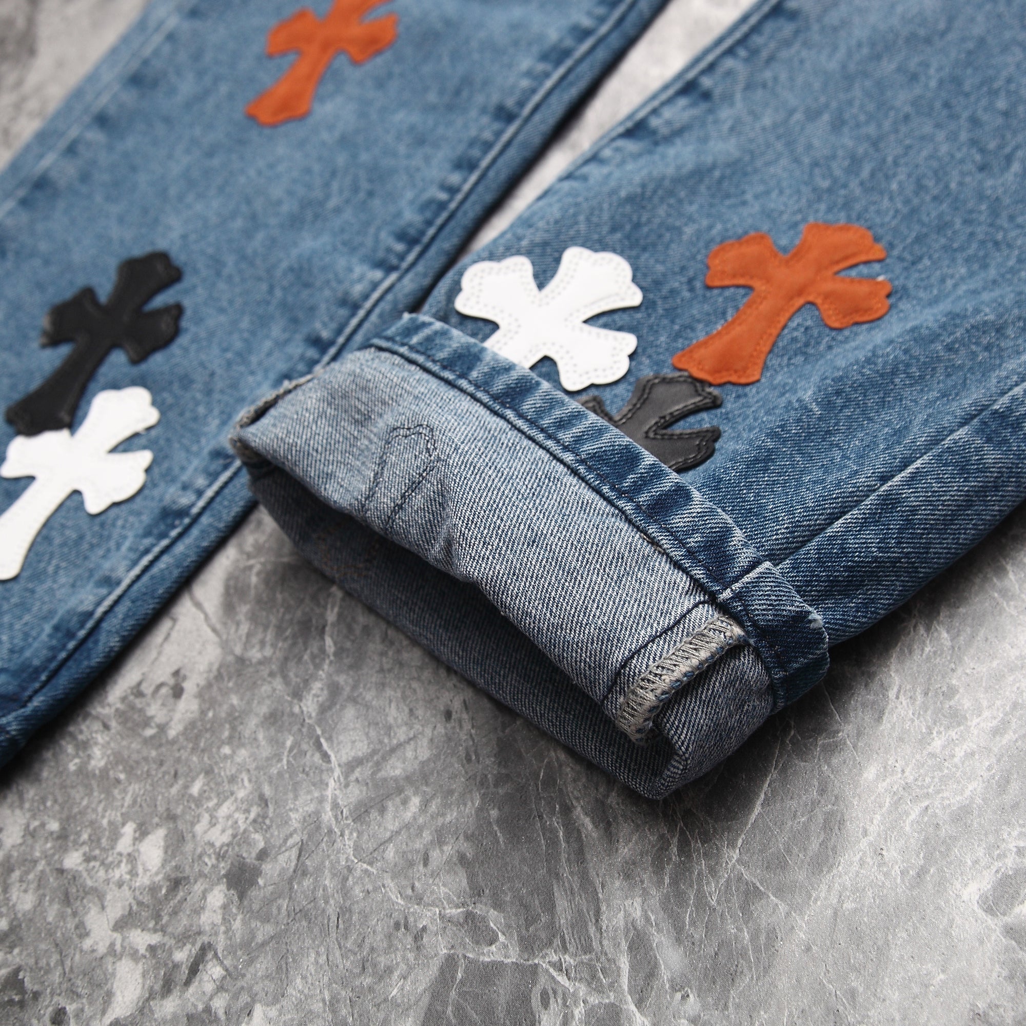 Chrome Hearts Cross Leather Patchwork Jeans